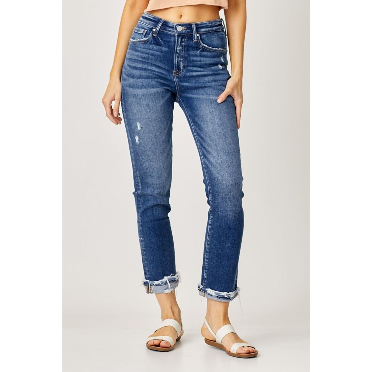 Risen Full Size High-Rise Frayed Cuffed Straight Jeans