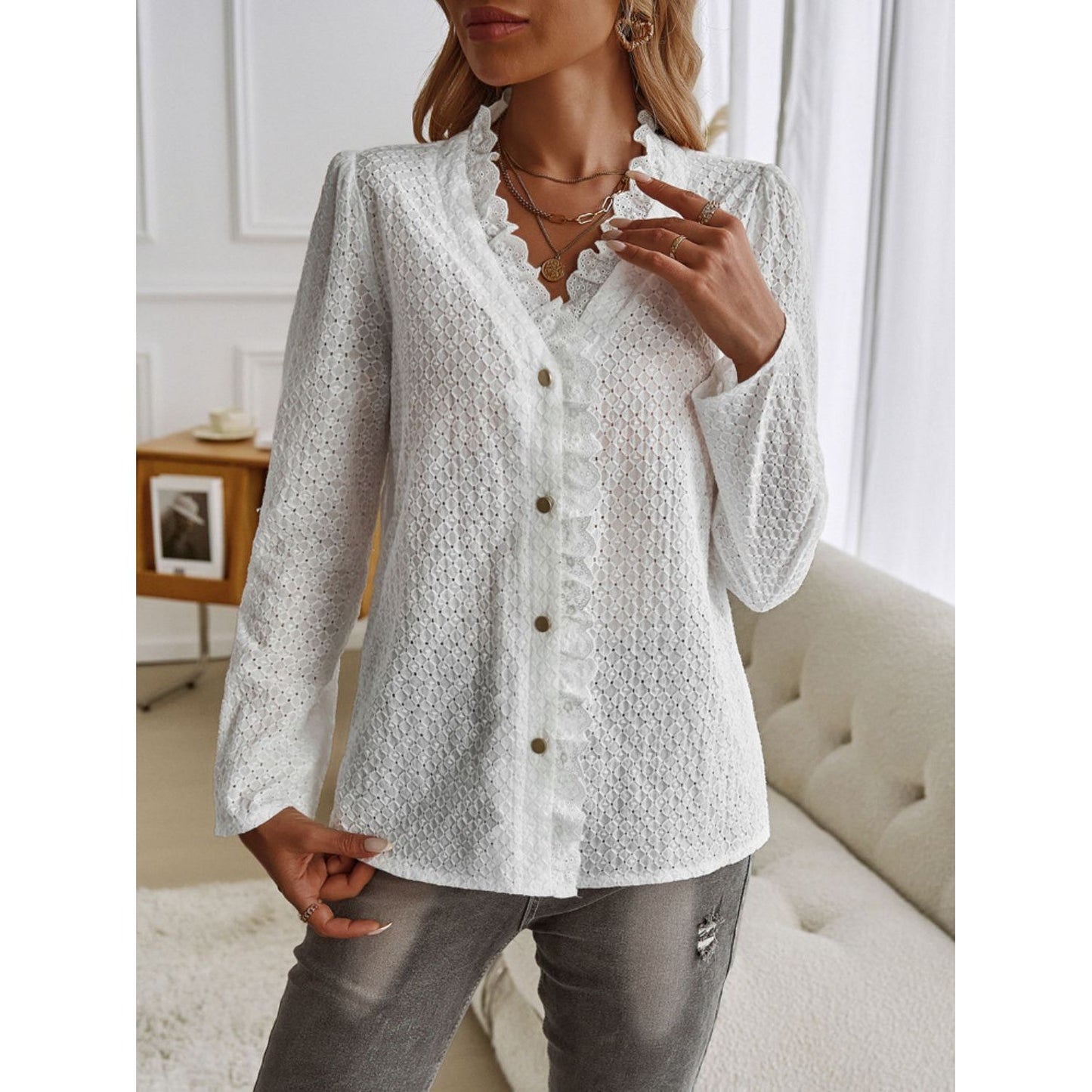 Devine Frill V-Neck Long Sleeve Shirt