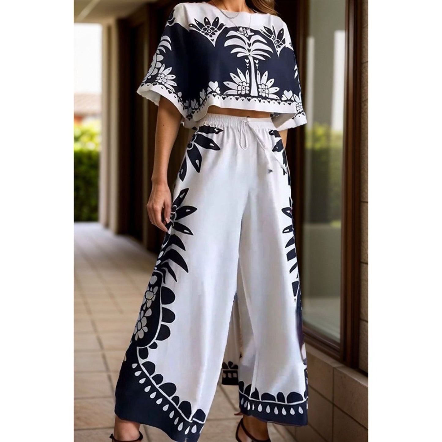 Printed Half Sleeve Top and Wide Leg Pants Set