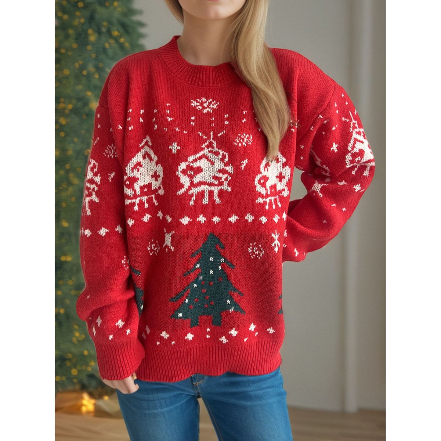 Christmas Element Round Neck Long Sleeve Sweater