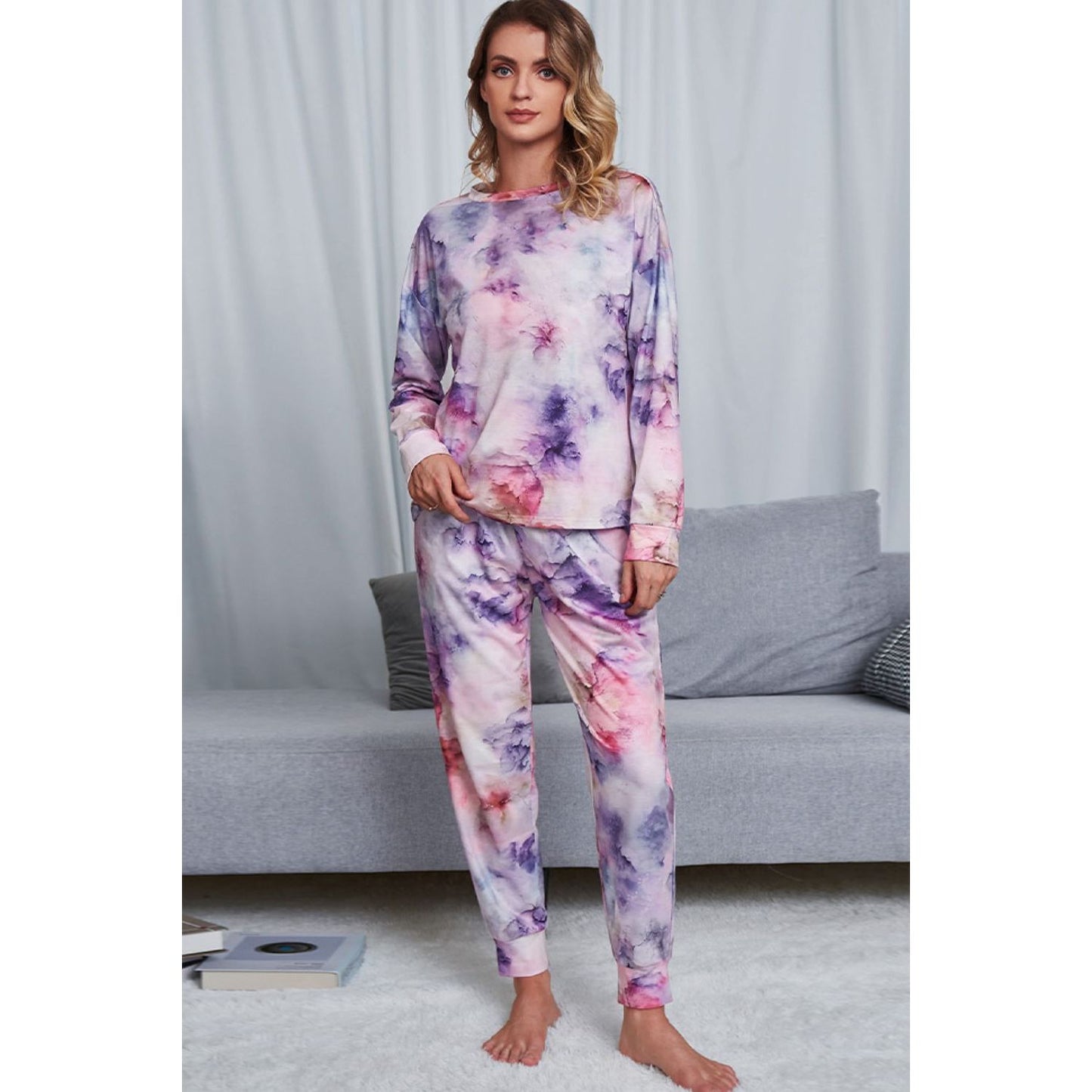 Shiny Tie-Dye Crewneck Top and Drawstring Waist Joggers Lounge Set