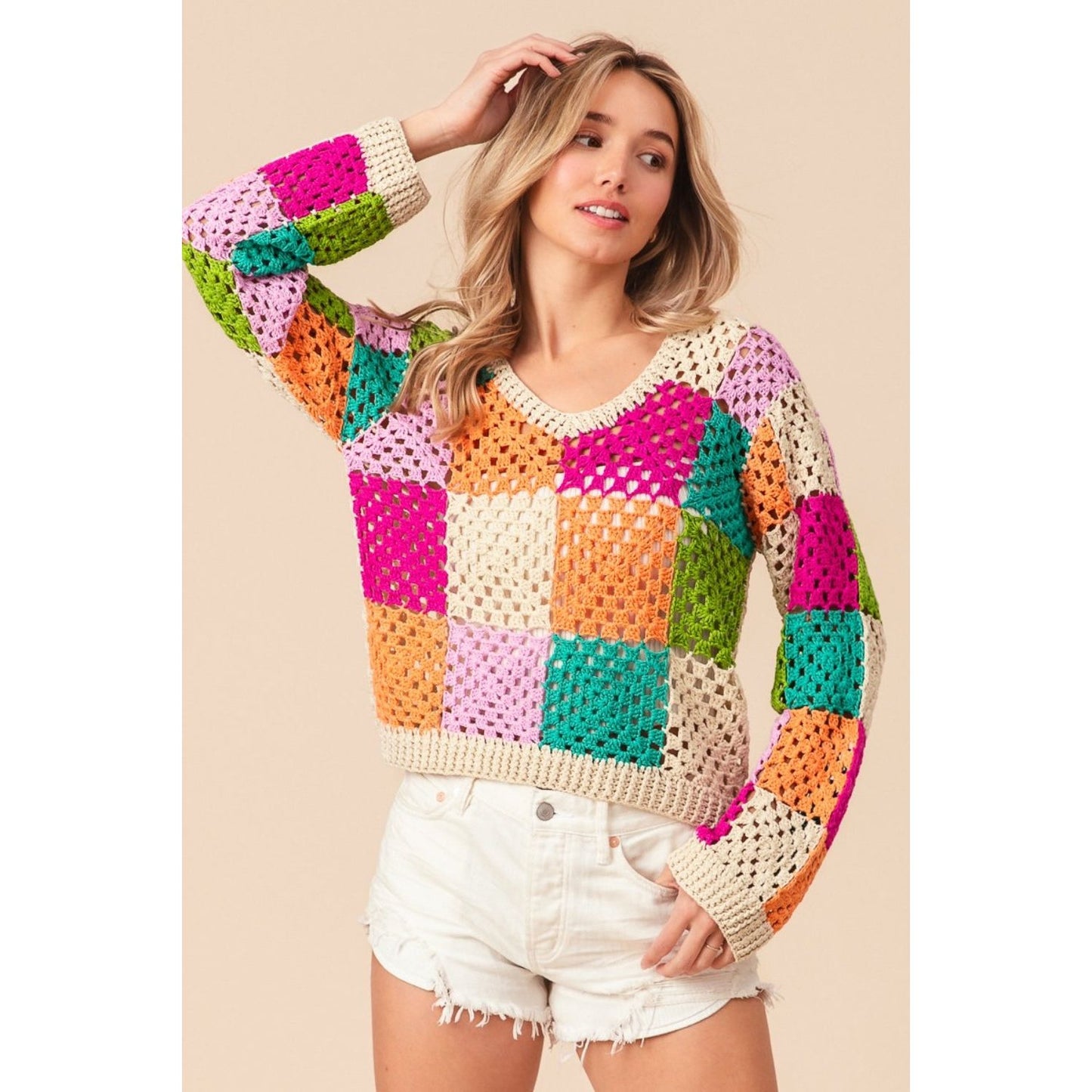 BiBi Multi Color Checkered Long Sleeve Knit Top