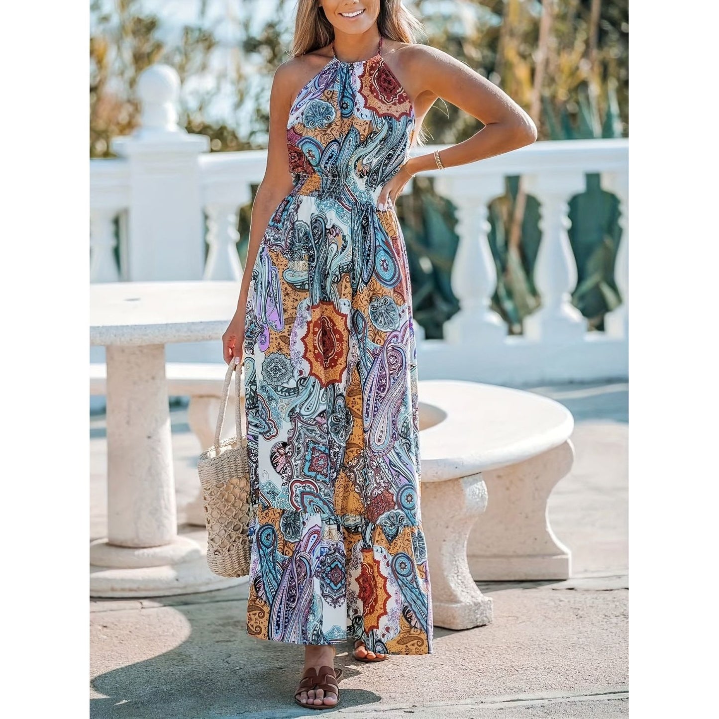 Printed Halter Neck Maxi Dress