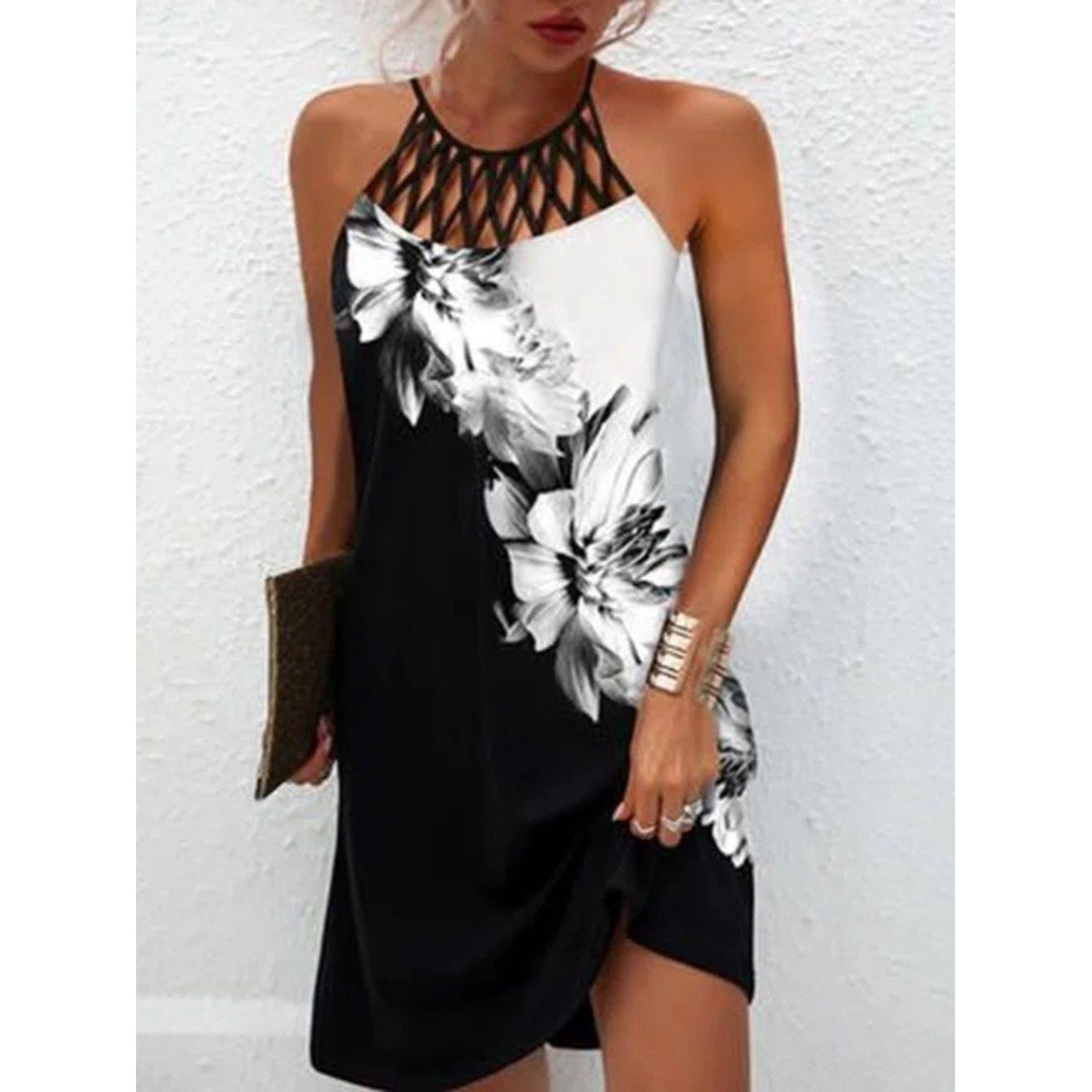 Printed Grecian Neck Mini Dress