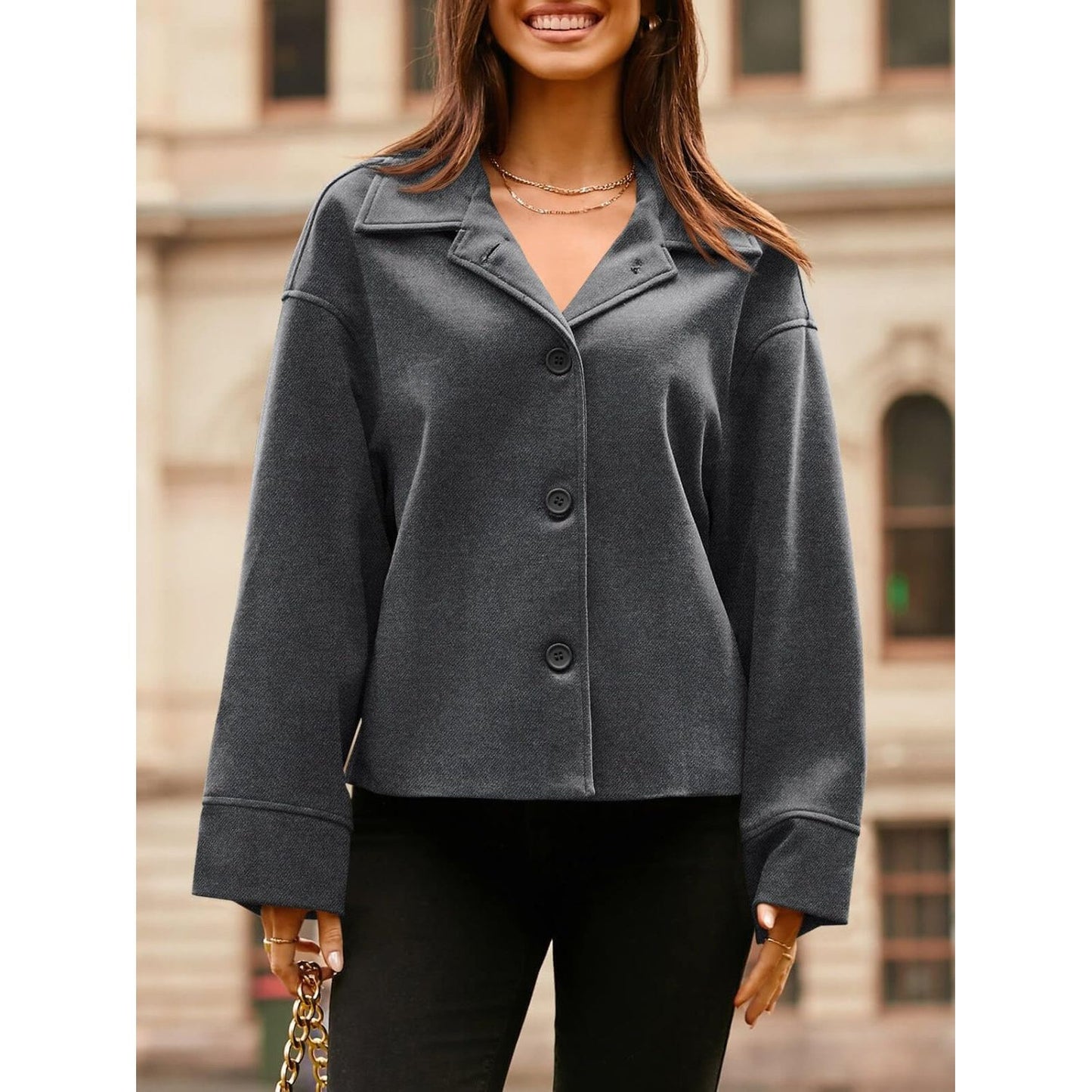 Collared Neck Dropped Shoulder Jacket