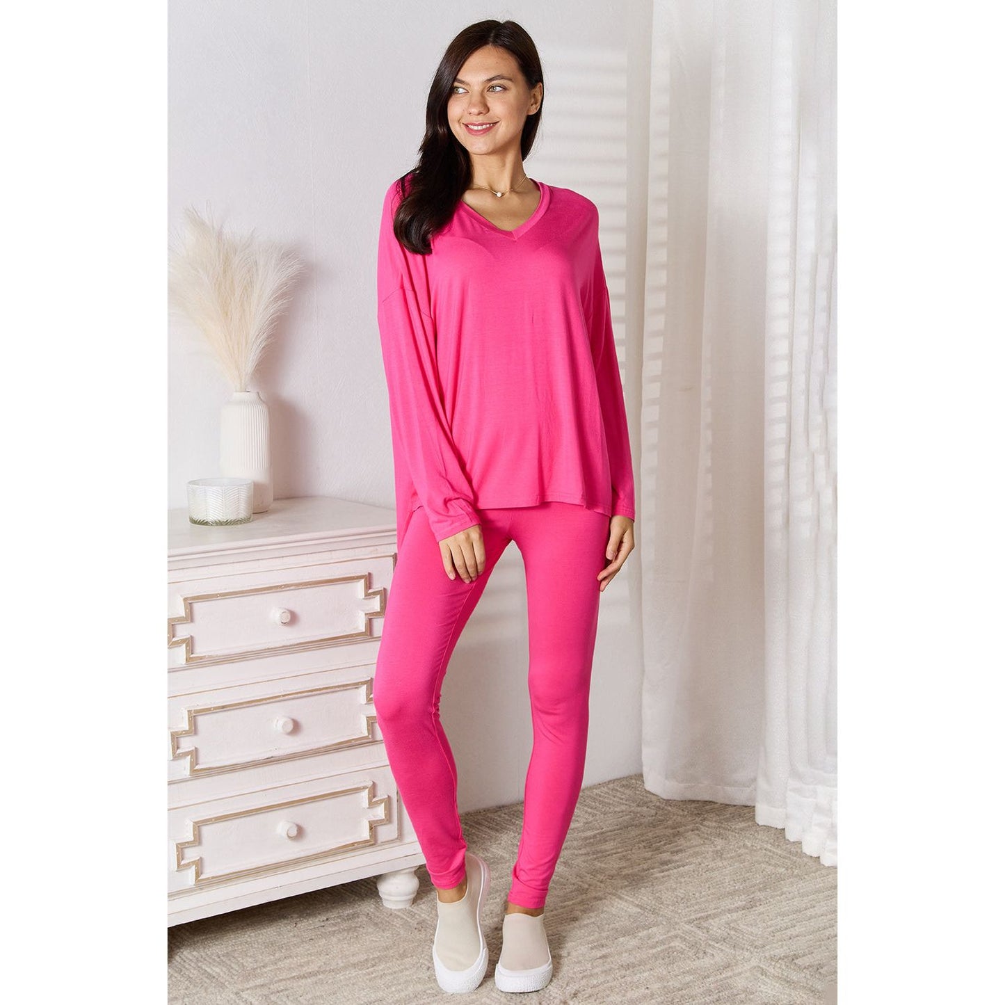 Basic Bae Full Size V-Neck Soft Rayon Long Sleeve Top and Pants Lounge Set