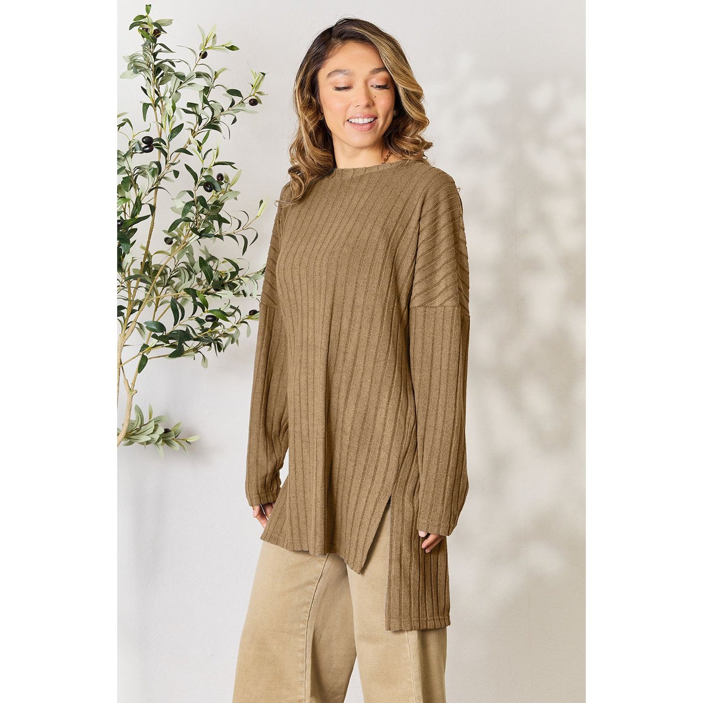 Basic Bae Full Size Ribbed Round Neck Long Sleeve Slit Top