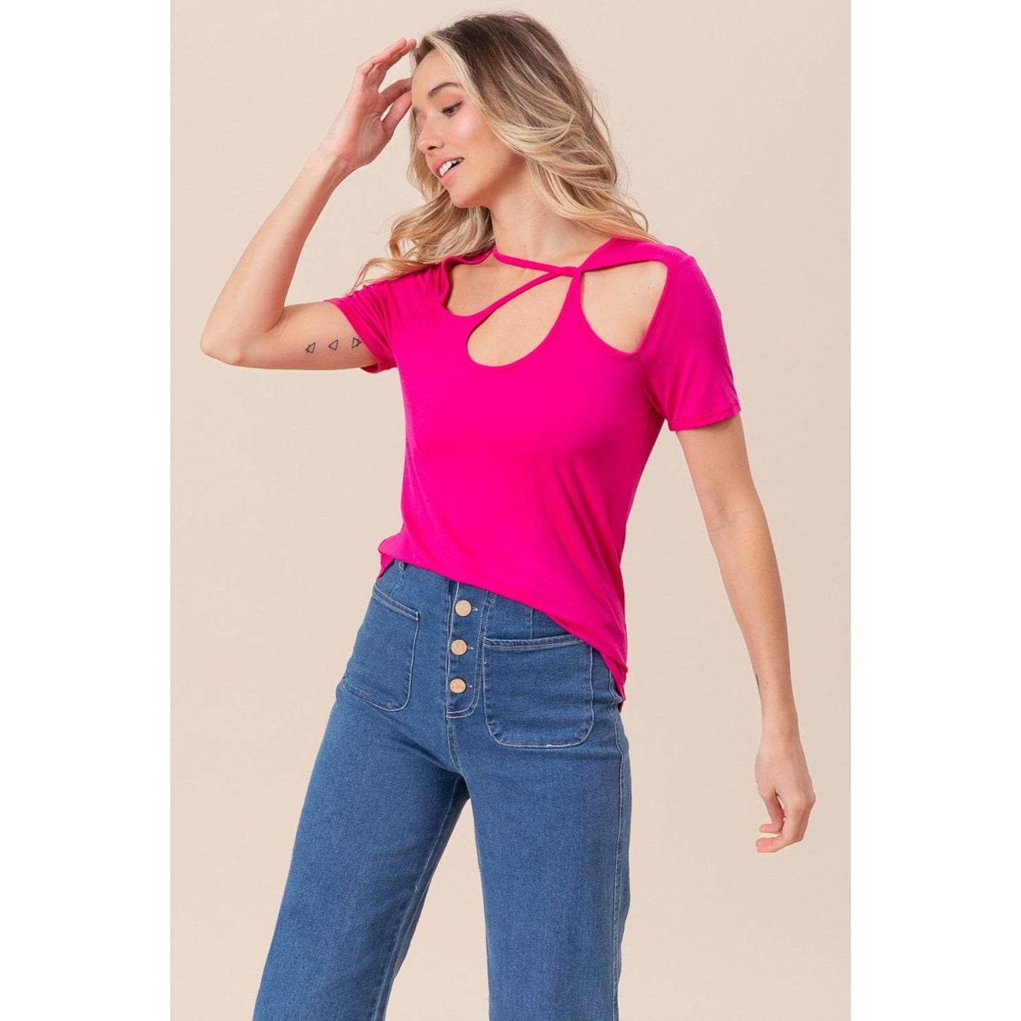 BiBi Cutout Asymmetrical Neck Short Sleeve T-Shirt