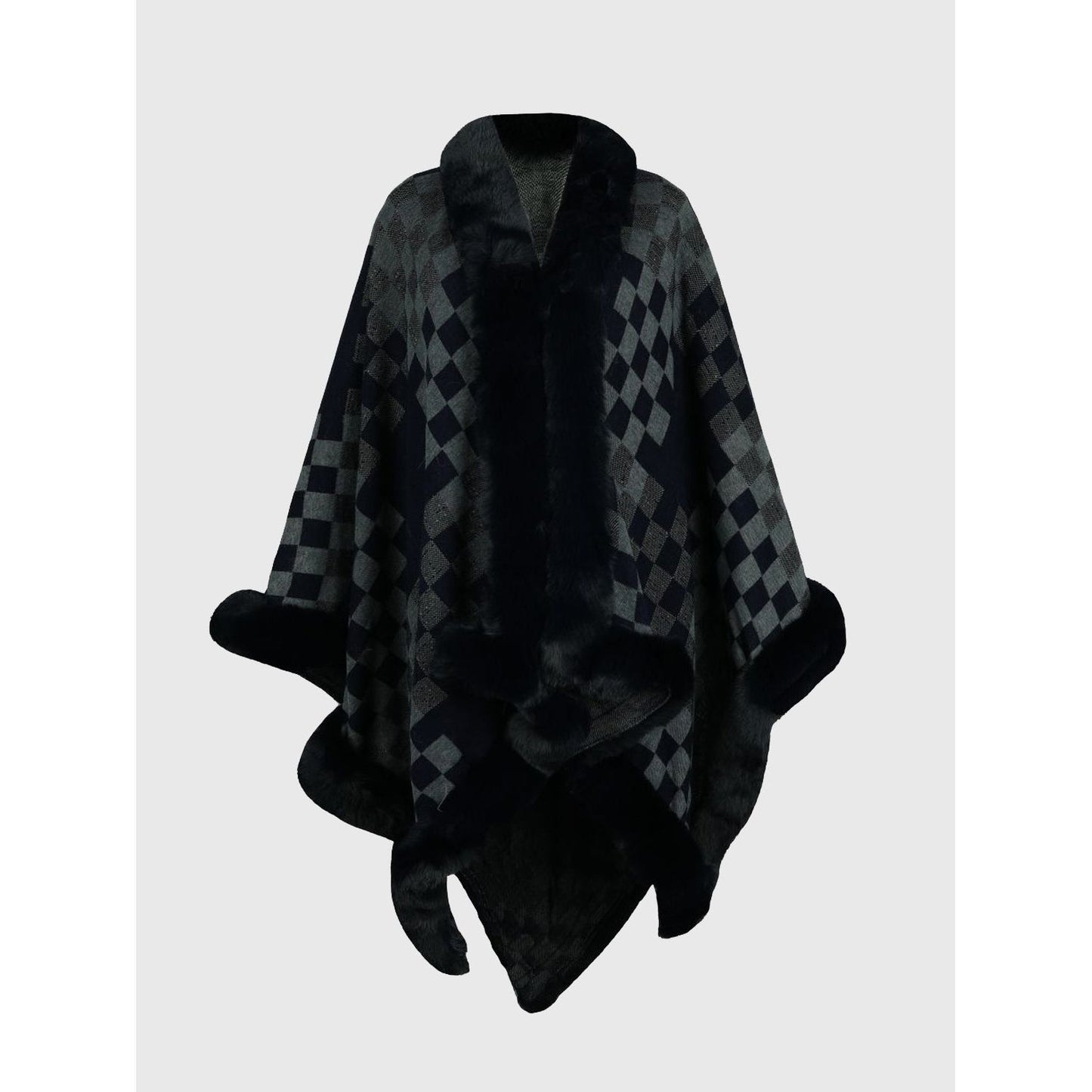 Checkered Faux Fur Trim Poncho