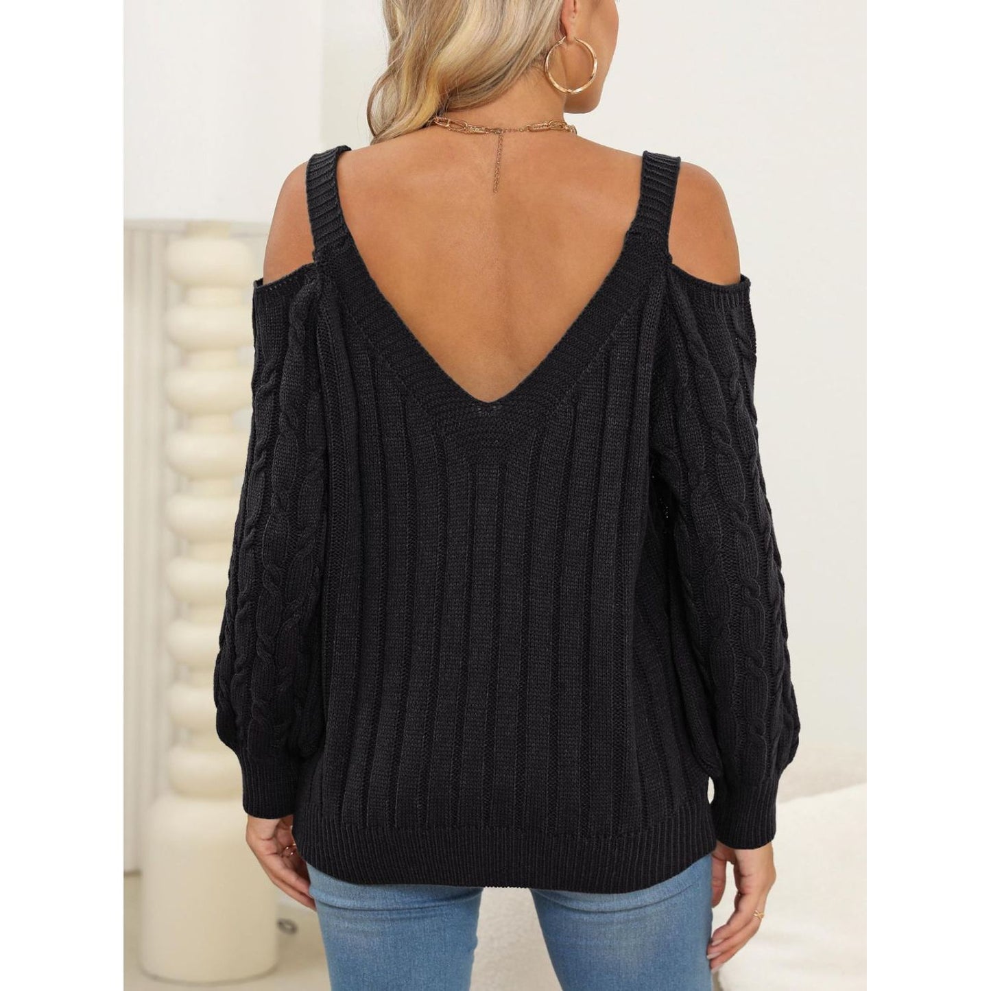 Cable-Knit V-Neck Long Sleeve Sweater