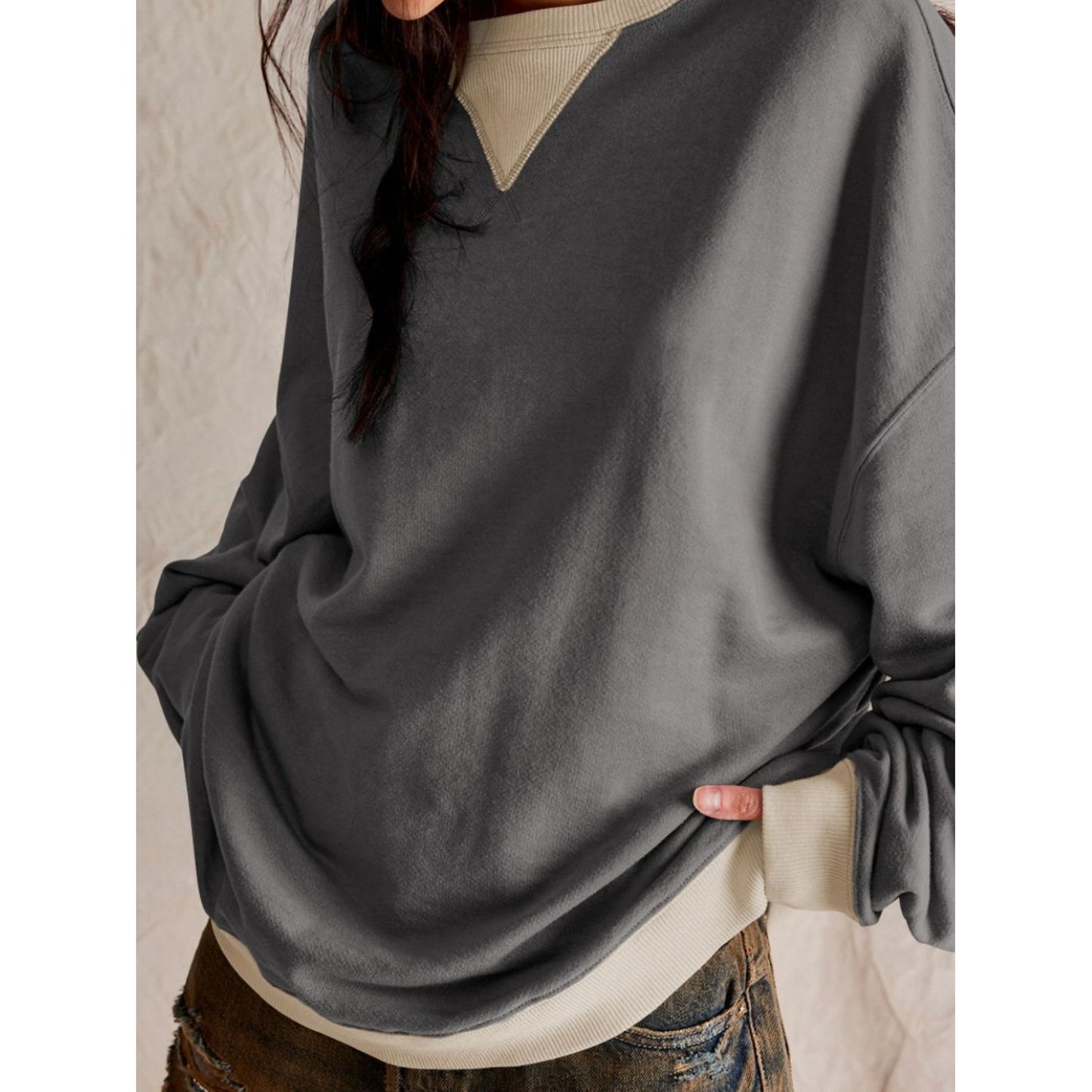 Contrast Dropped Shoulder Long Sleeve Sweatshirt