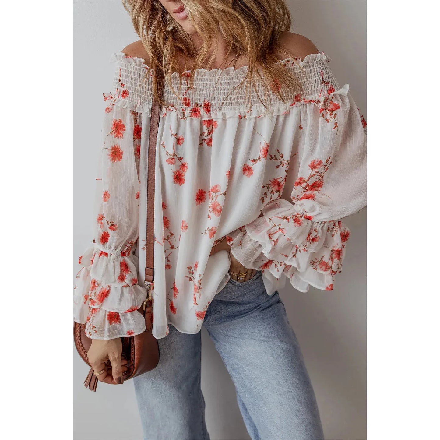 Printed Off-Shoulder Long Sleeve Blouse