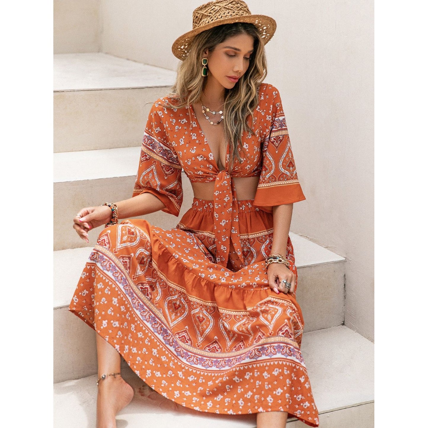 Printed Plunge Half Sleeve Top and Skirt Set