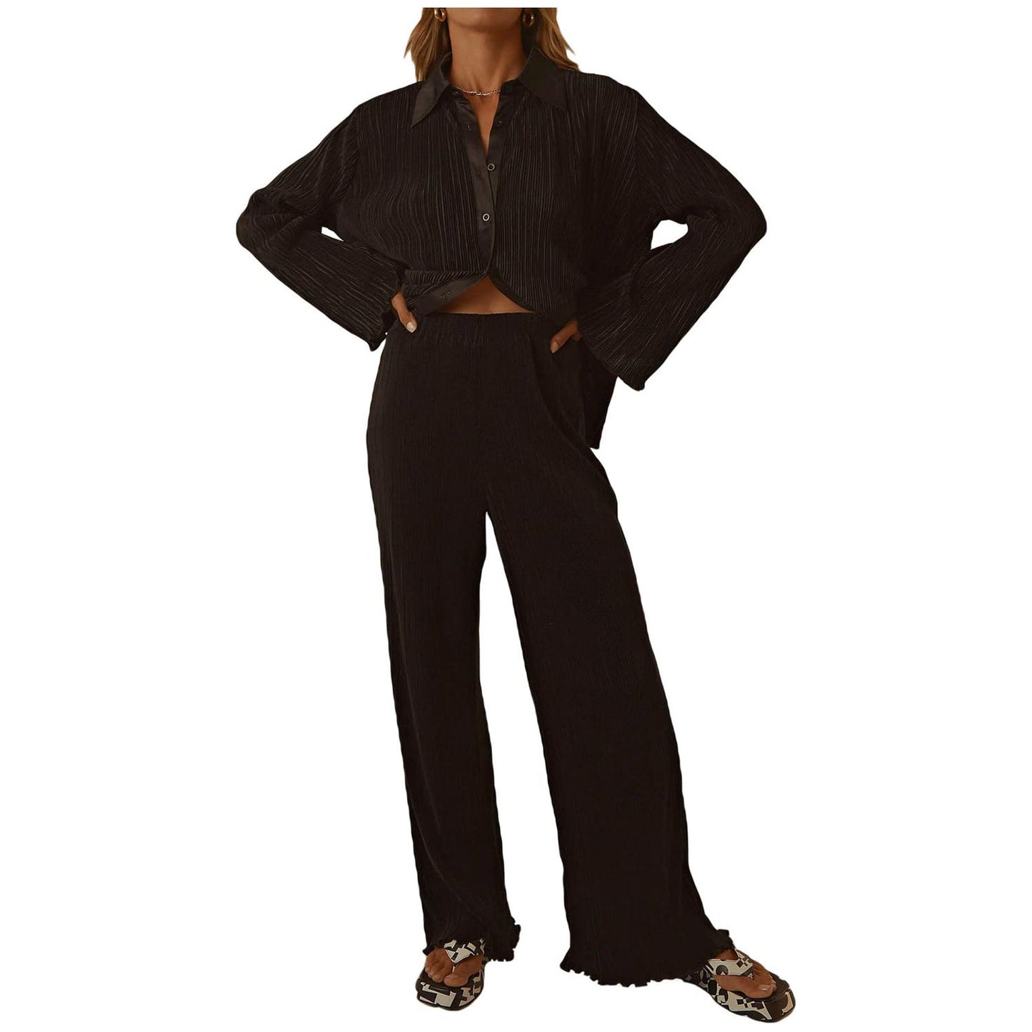 Collared Neck Long Sleeve Top and Pants Lounge Set