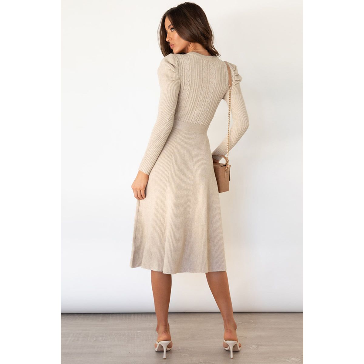 Round Neck Long Sleeve Tie Waist Sweater Dress