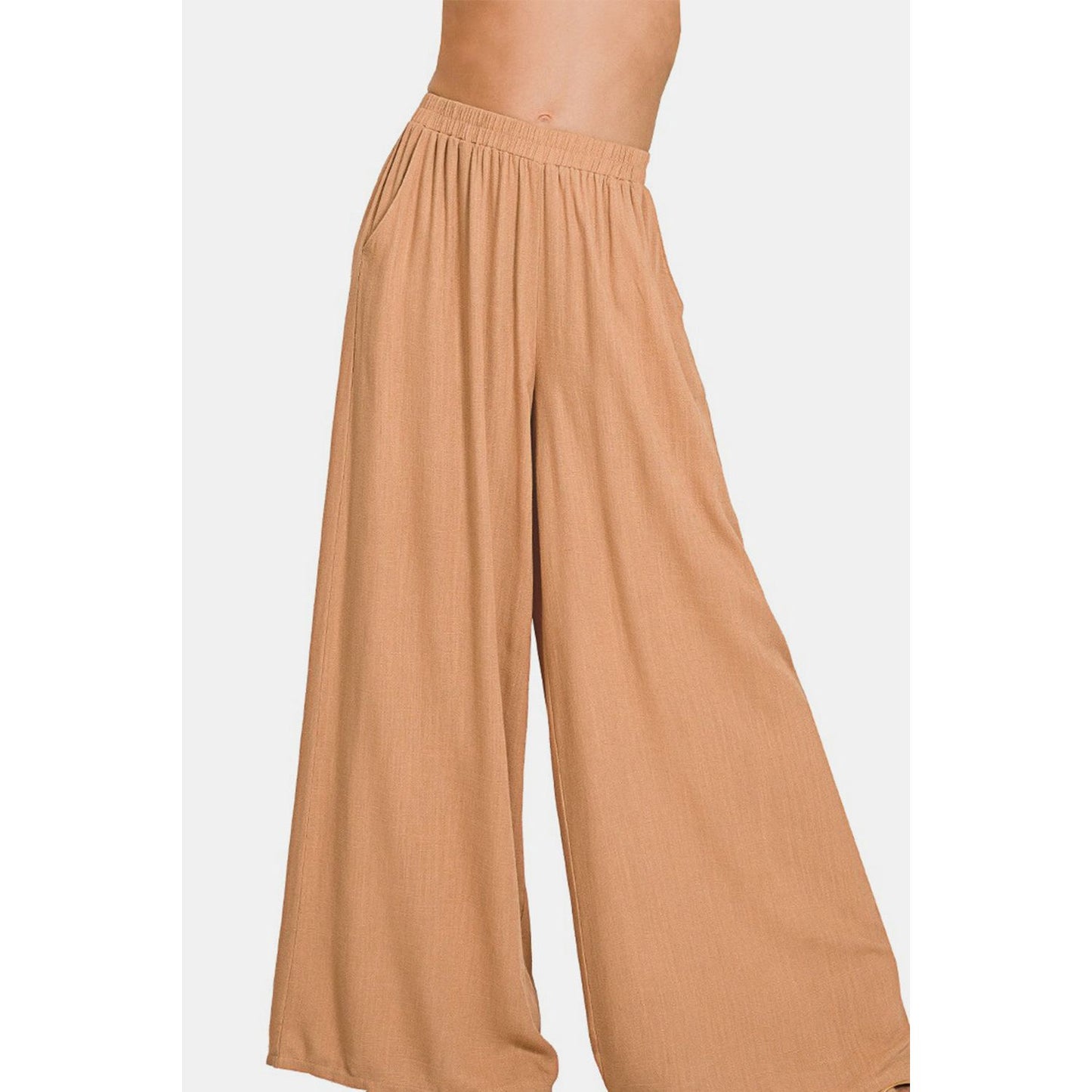 Zenana Pleated Linen Blend Wide Leg Pants