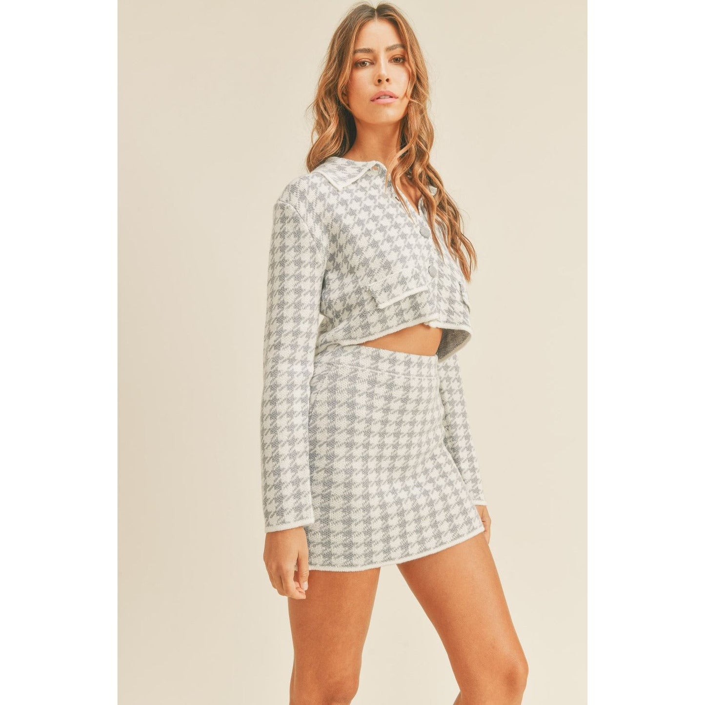 MABLE Houndstooth Cropped Knit Cardigan and Mini Skirt Set