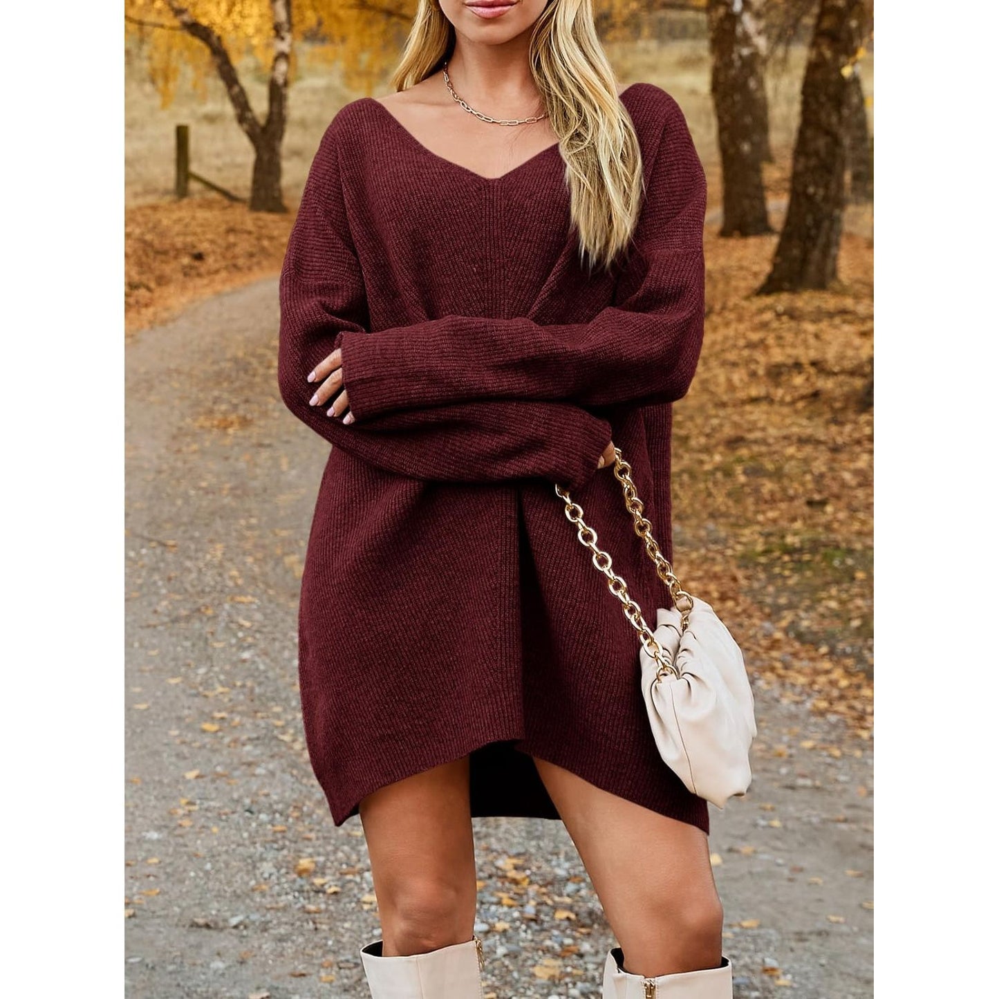 V-Neck Dropped Shoulder Sweater Dress