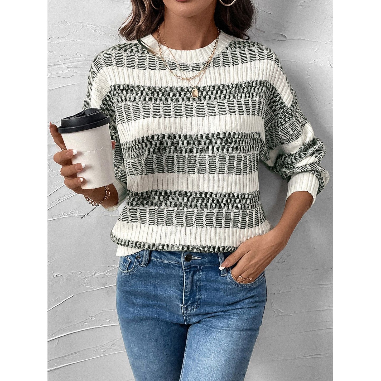 Perfee Contrast Round Neck Long Sleeve Sweater