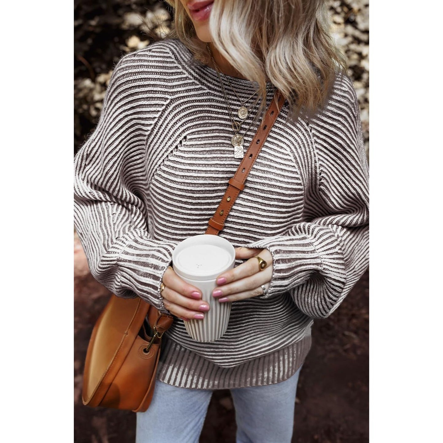 Textured Striped Round Neck Long Sleeve Top