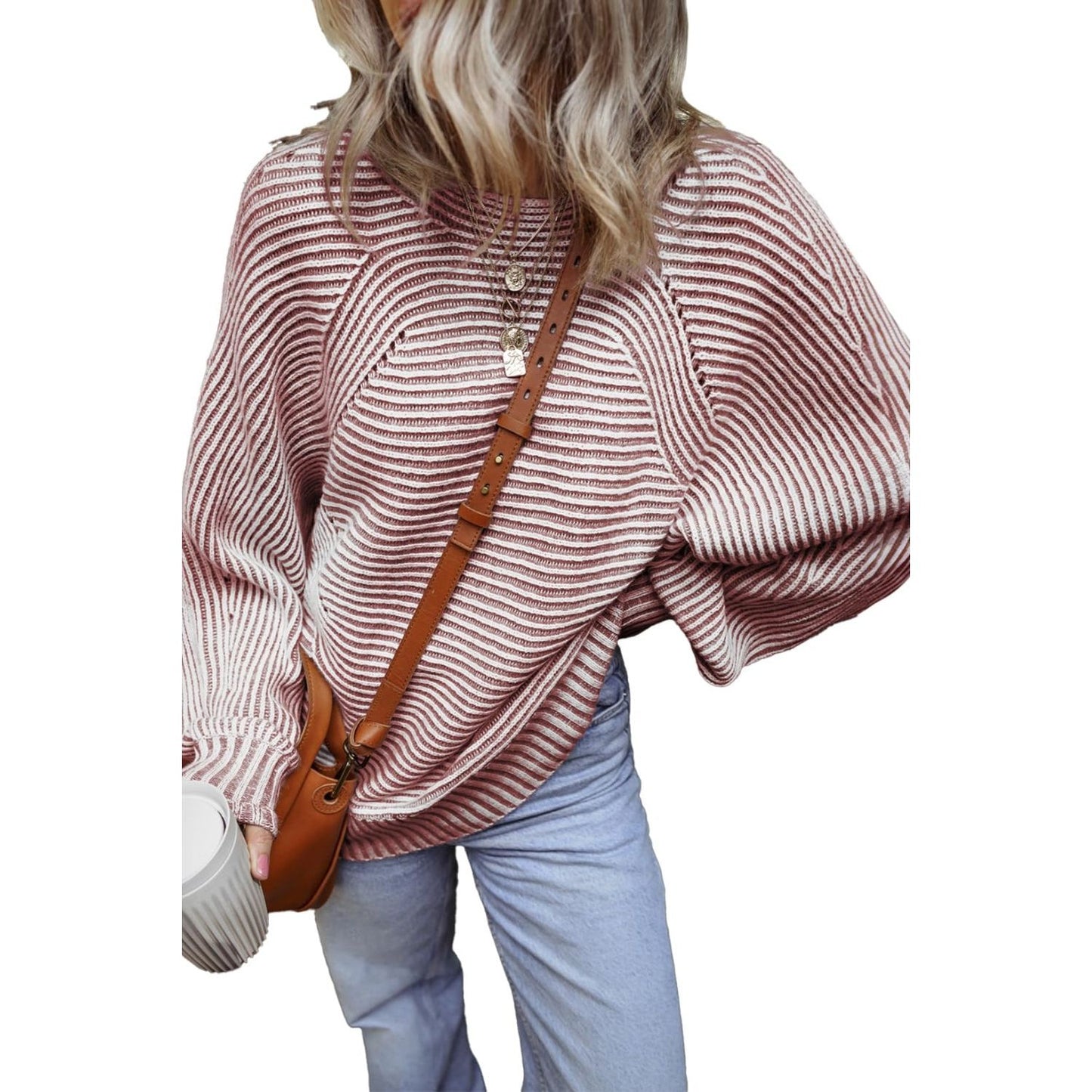 Textured Striped Round Neck Long Sleeve Top