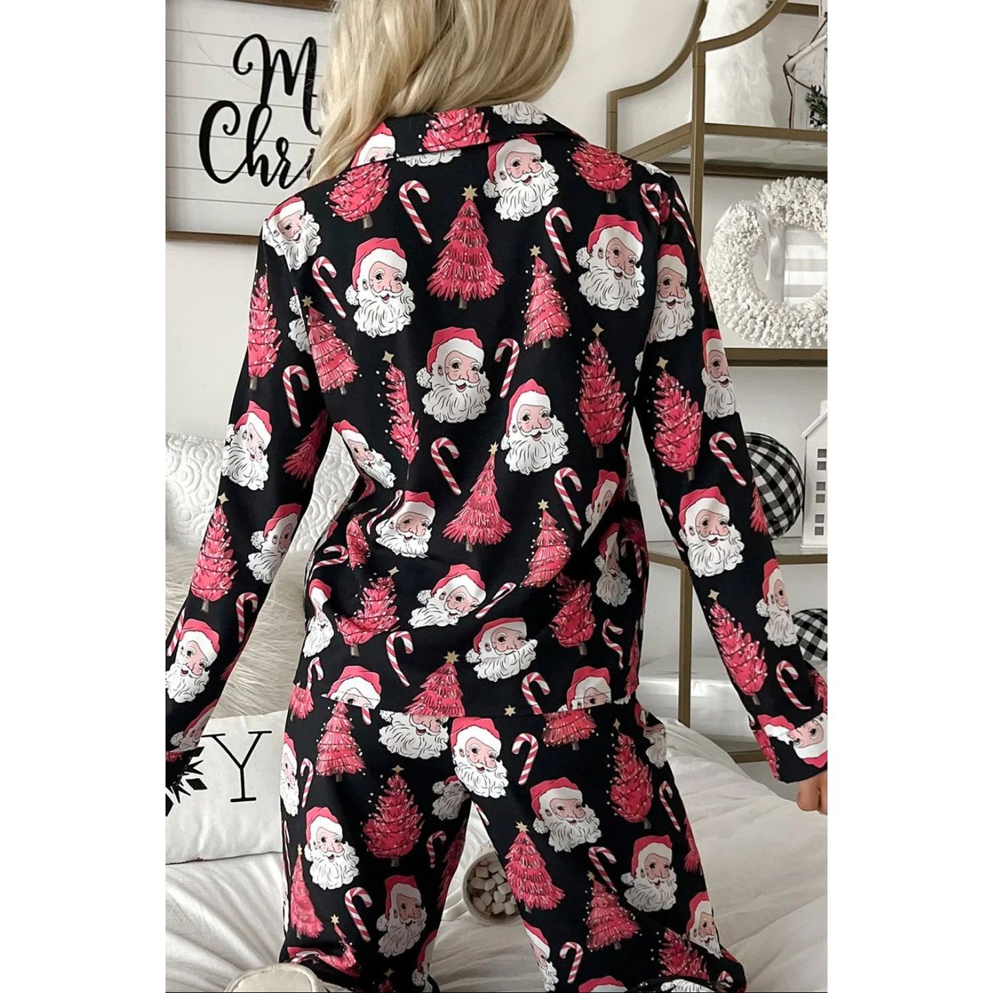 Christmas Printed Collared Neck Top and Pants Lounge Set