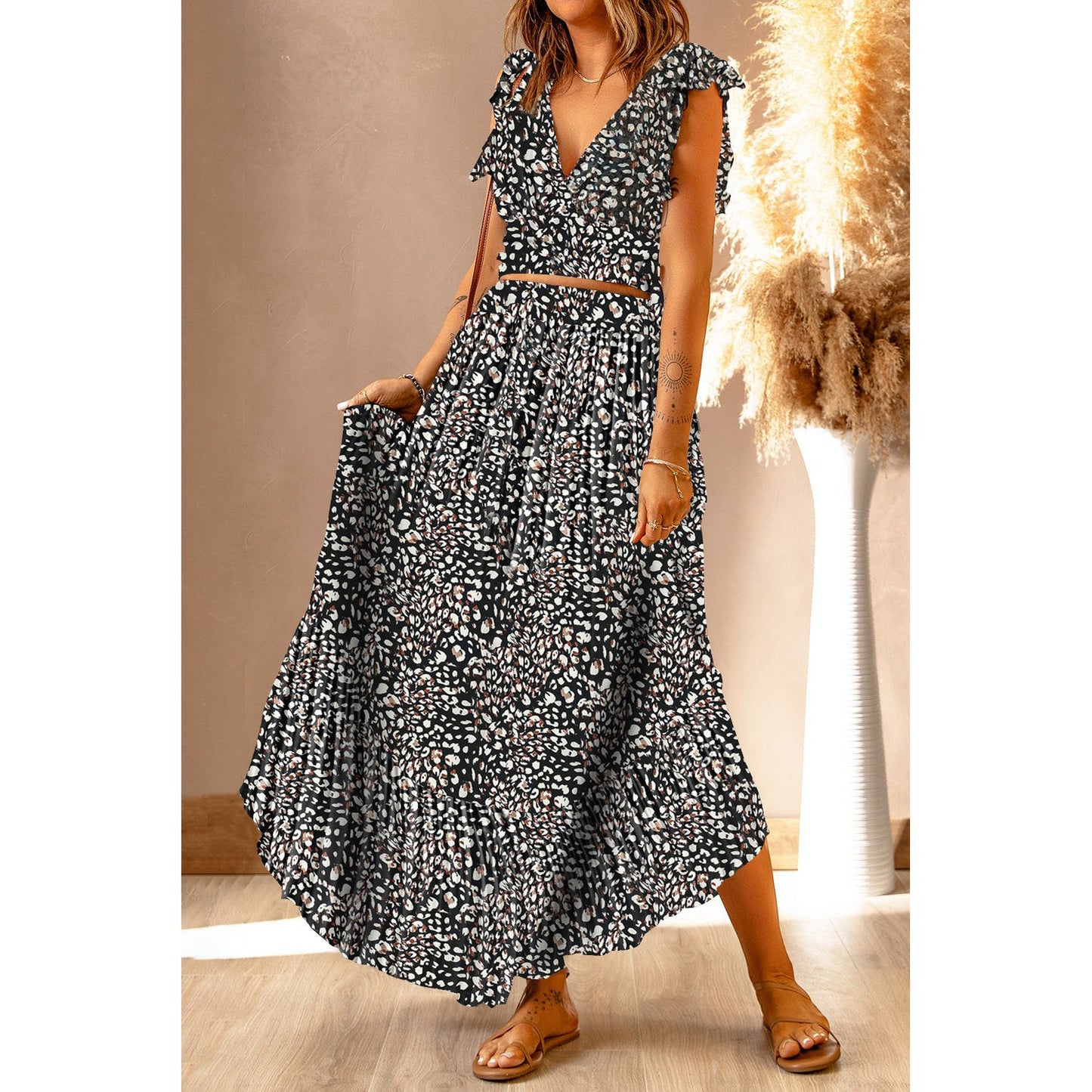 Printed Tie Back Cropped Top and Maxi Skirt Set