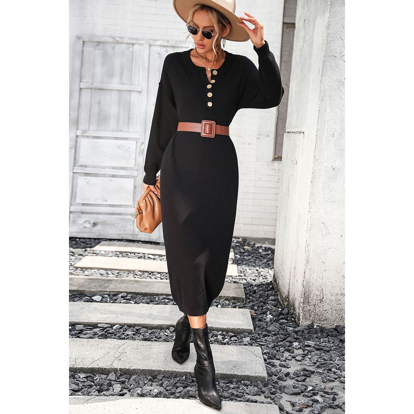 Decorative Button Notched Dropped Shoulder Sweater Dress