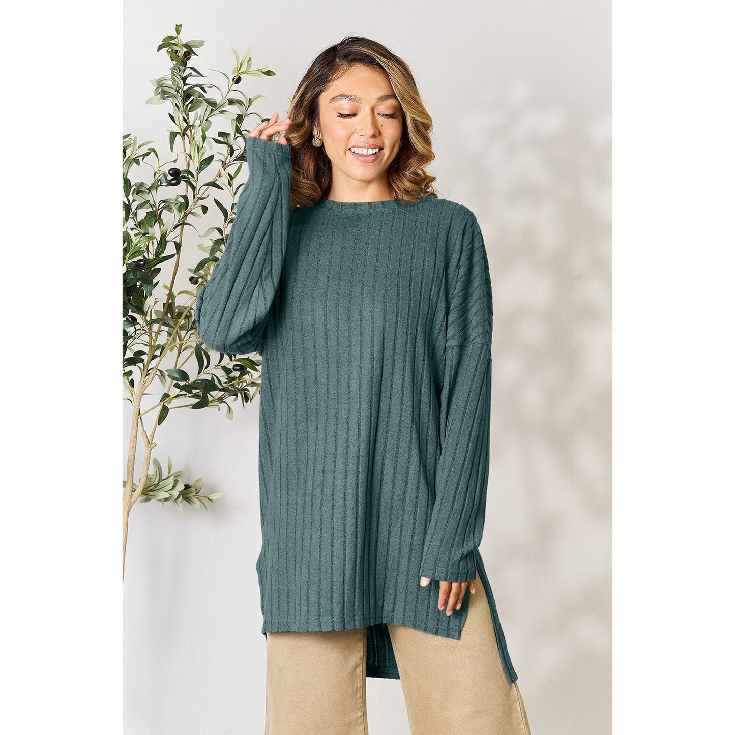 Basic Bae Full Size Ribbed Round Neck Long Sleeve Slit Top