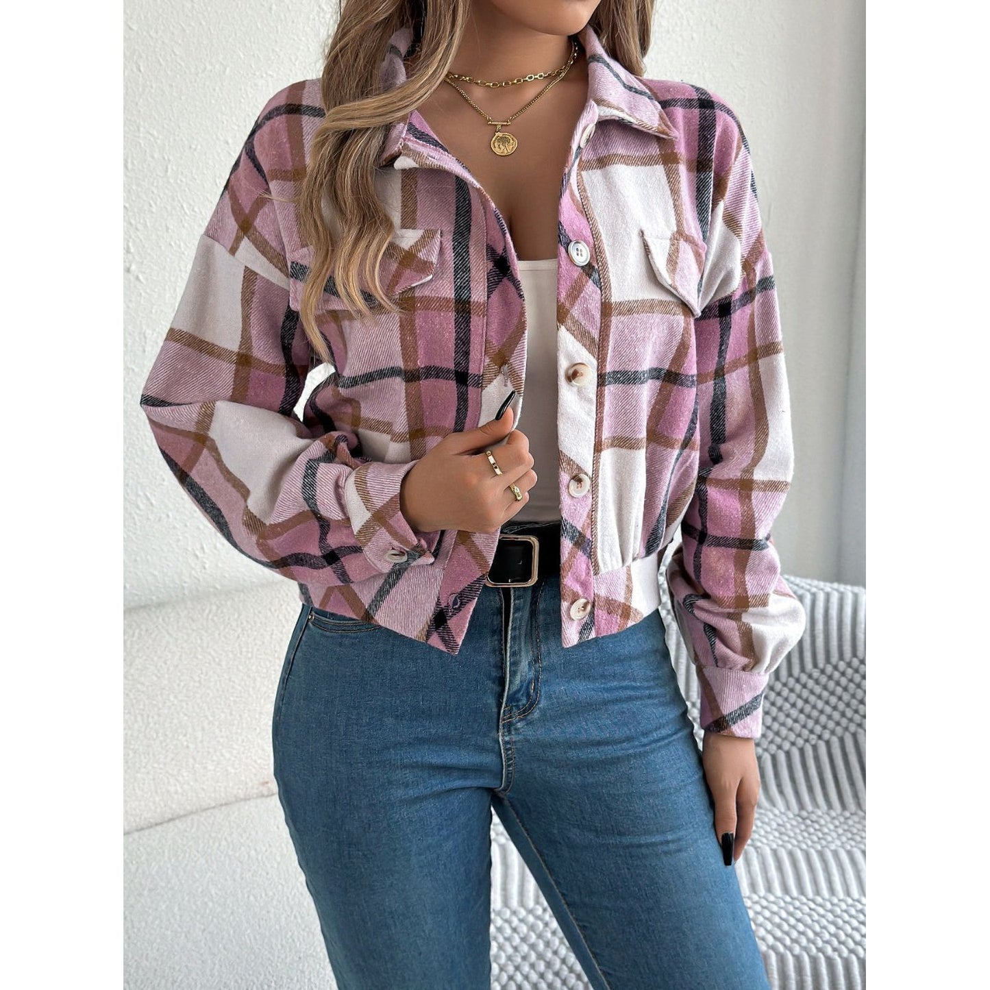 Plaid Button Up Long Sleeve Jacket