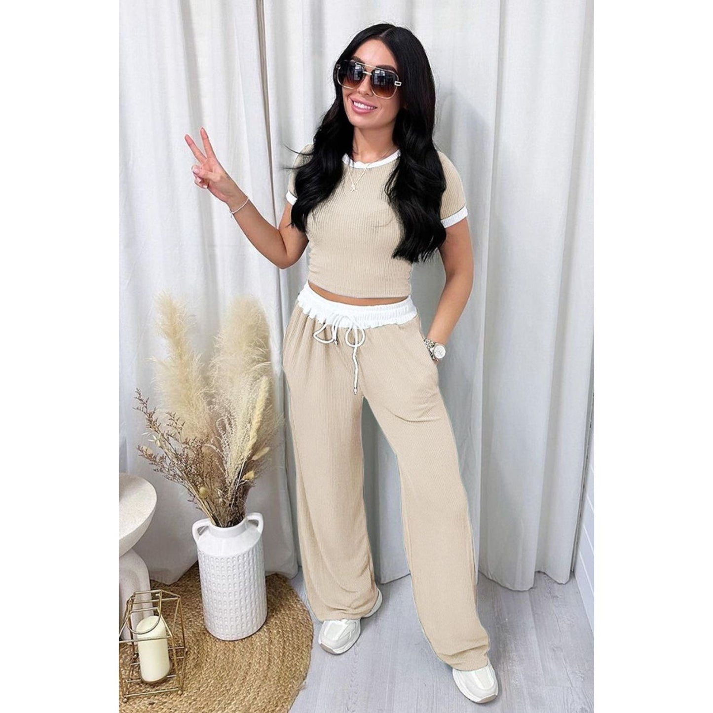 Contrast Trim Round Neck Top and Pants Set