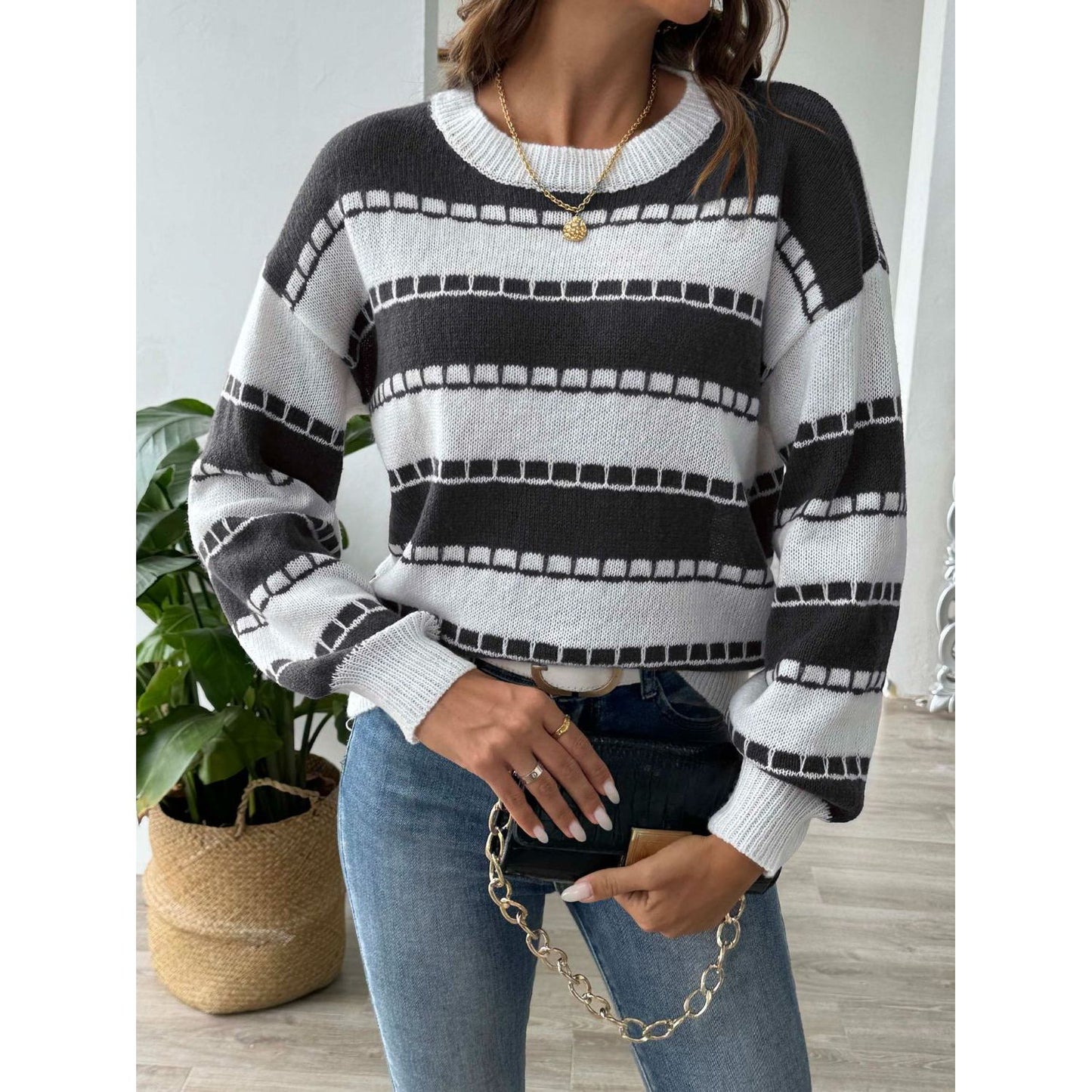 Striped Round Neck Long Sleeve Sweater