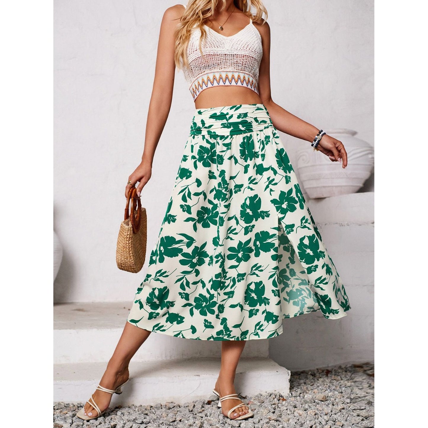 Slit Printed Midi Skirt