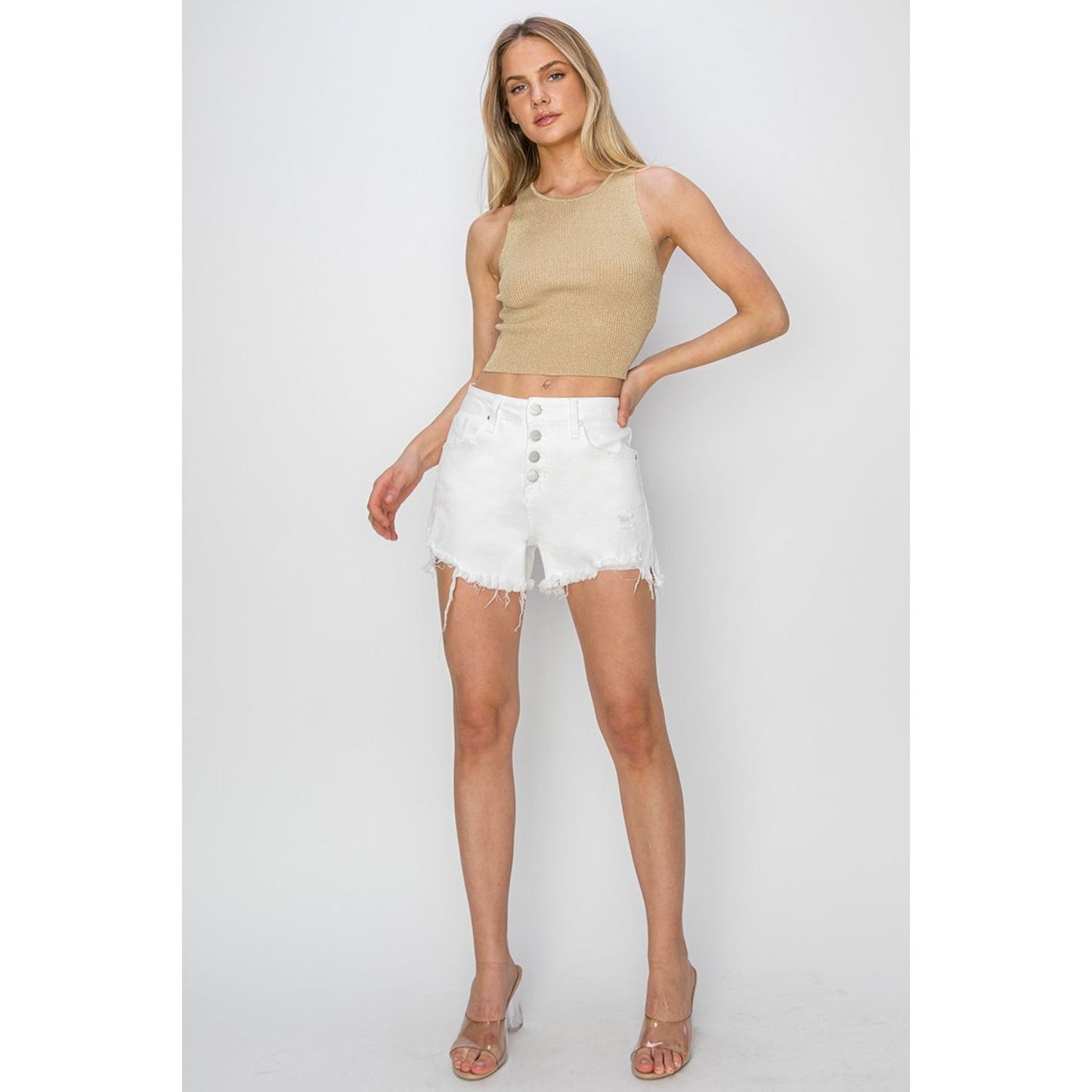 RISEN Button Fly Frayed Hem Denim Shorts