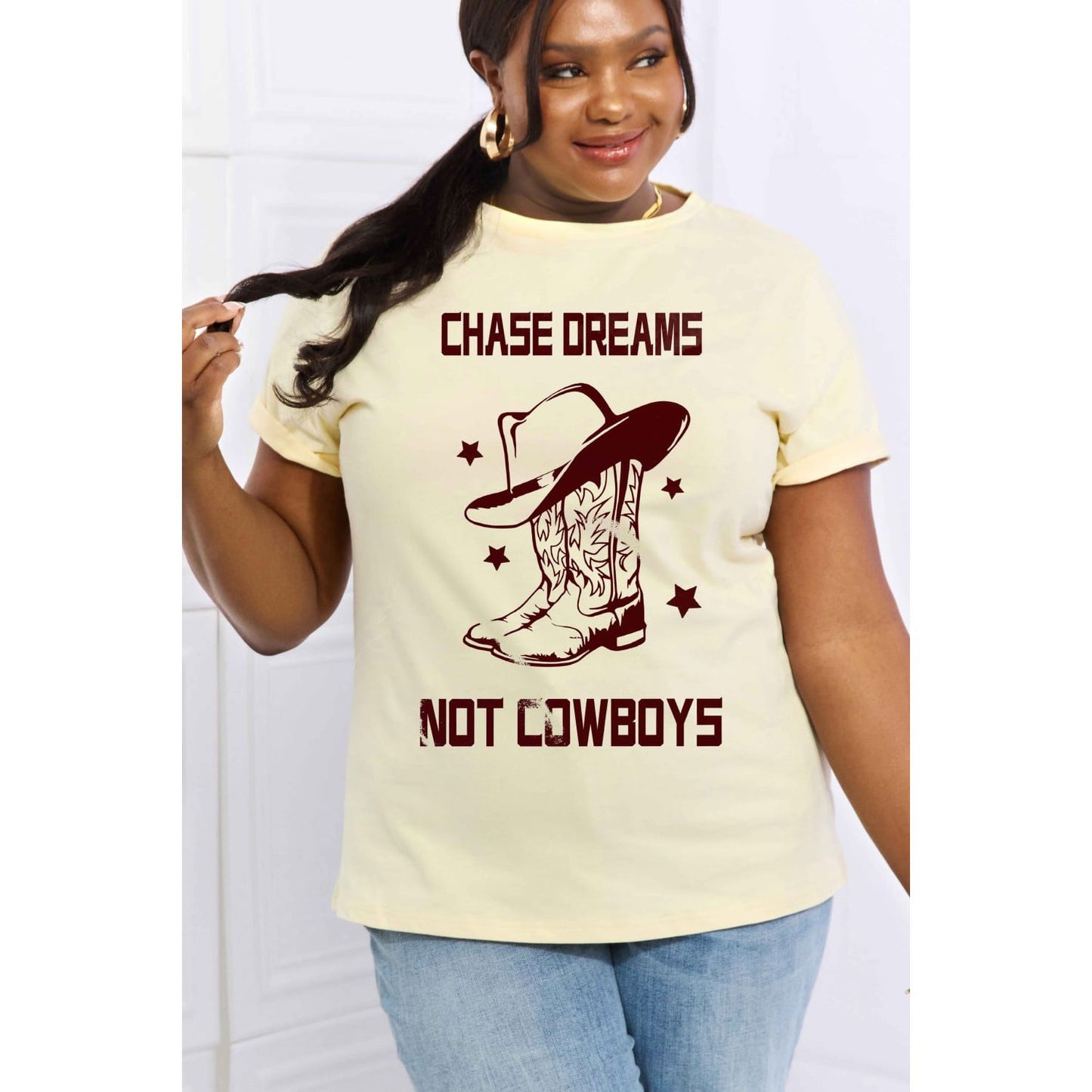 Simply Love Simply Love Full Size CHASE DREAMS NOT COWBOYS Graphic Cotton Tee