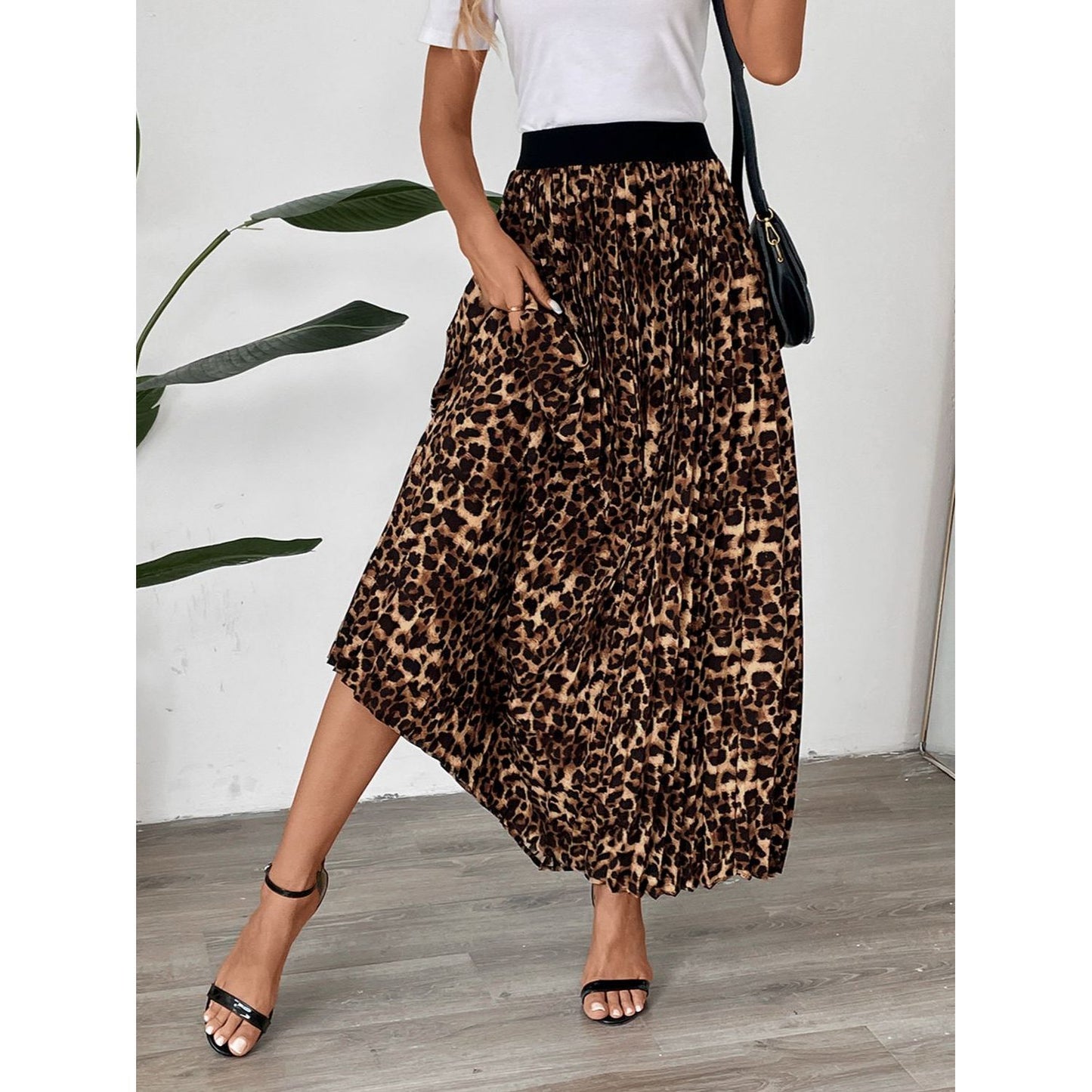 Perfee Pleated Leopard Maxi Skirt