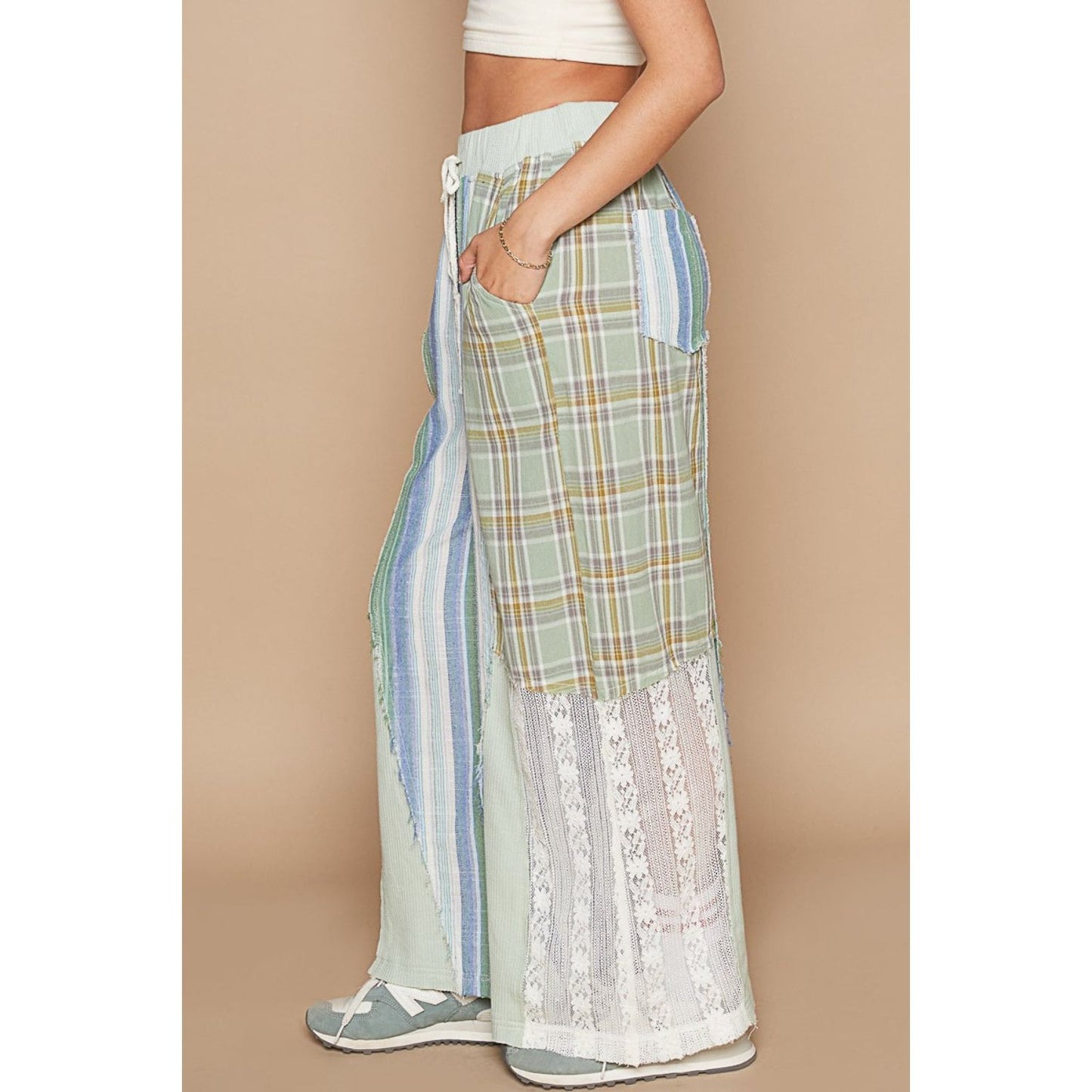 POL Drawstring Plaid Print Lace Straight Pants