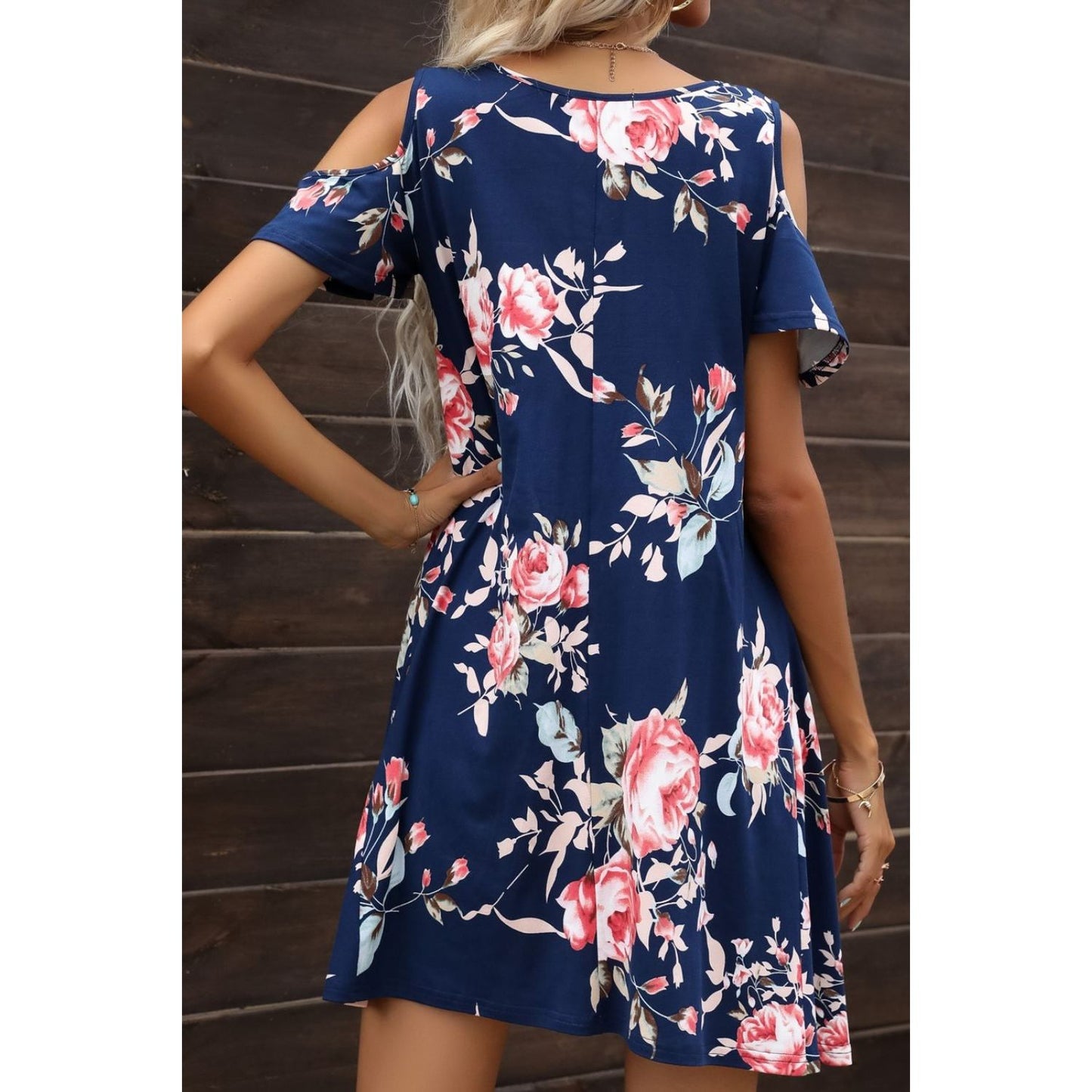 Floral Round Neck Cold-Shoulder Dress