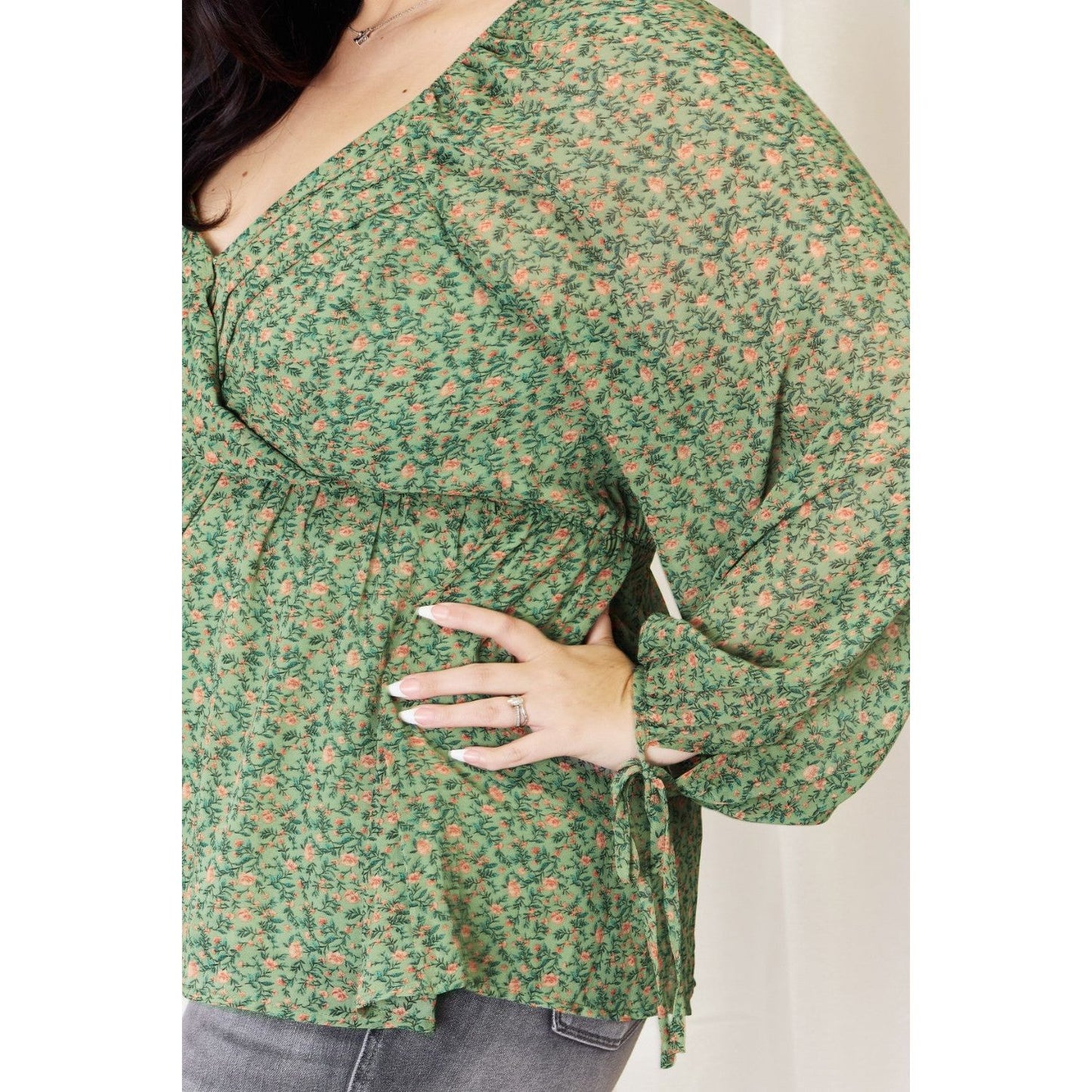 HEYSON Full Size Floral Surplice Peplum Blouse