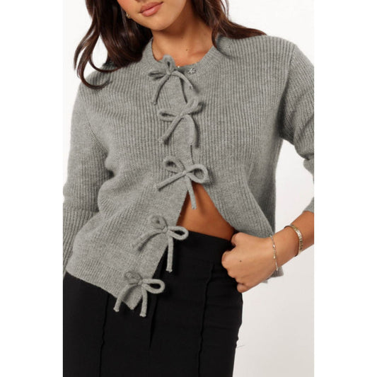 Bow Round Neck Long Sleeve Cardigan