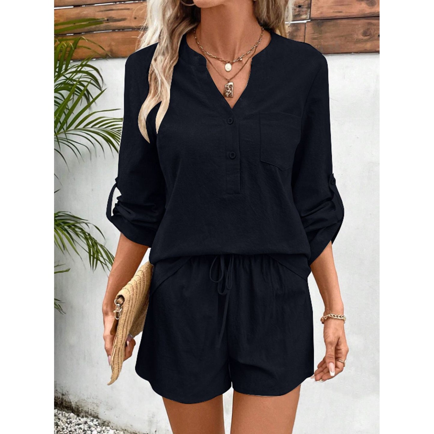 Notched Long Sleeve Top and Shorts Set