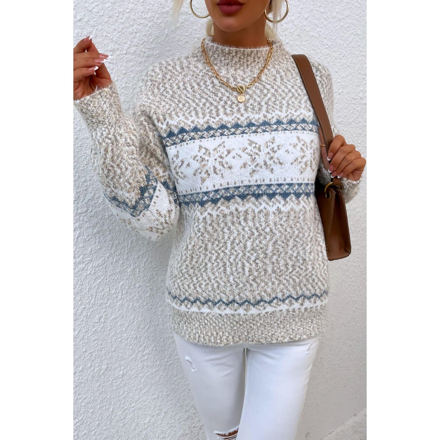 Snowflake Pattern Mock Neck Sweater