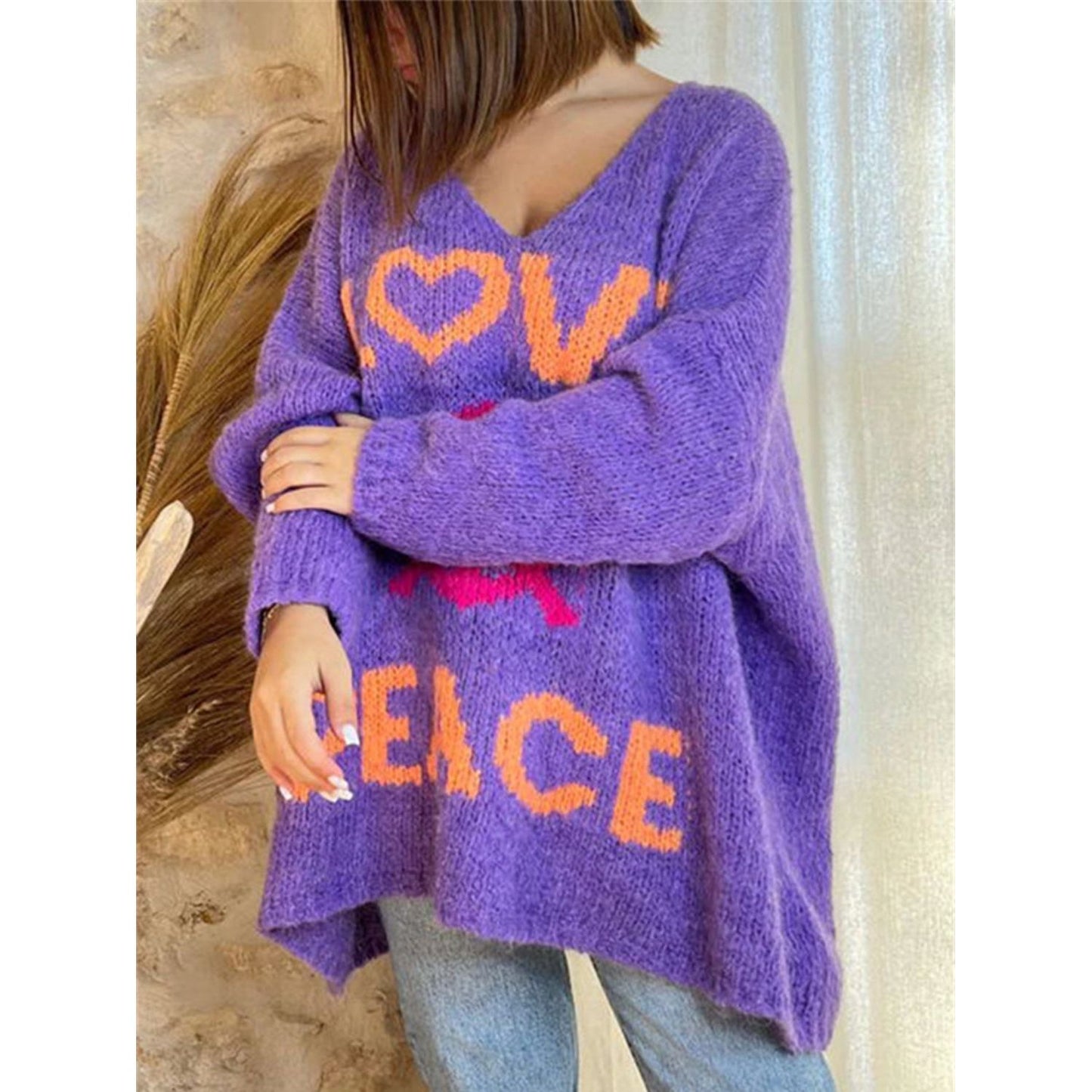 Peace Graphic V-Neck Long Sleeve Sweater