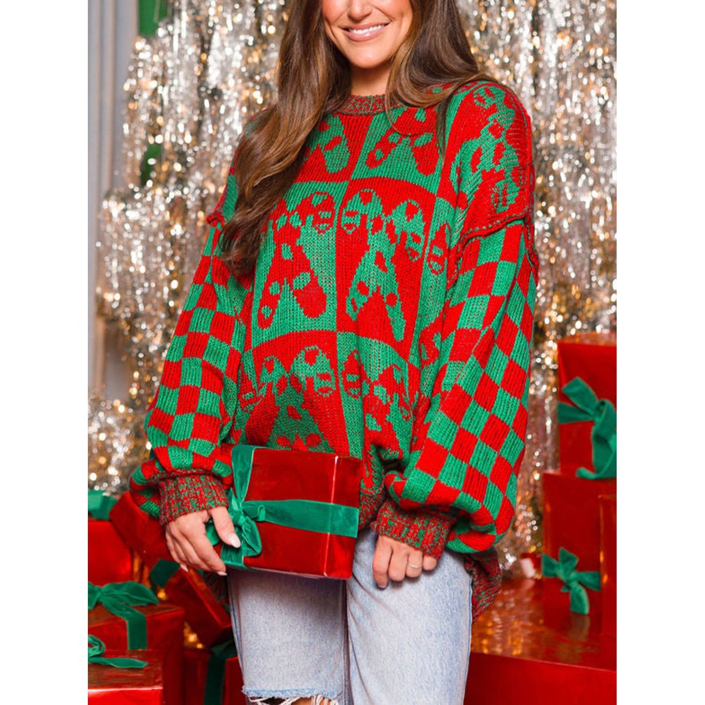 Candy Cane Contrast Round Neck Sweater