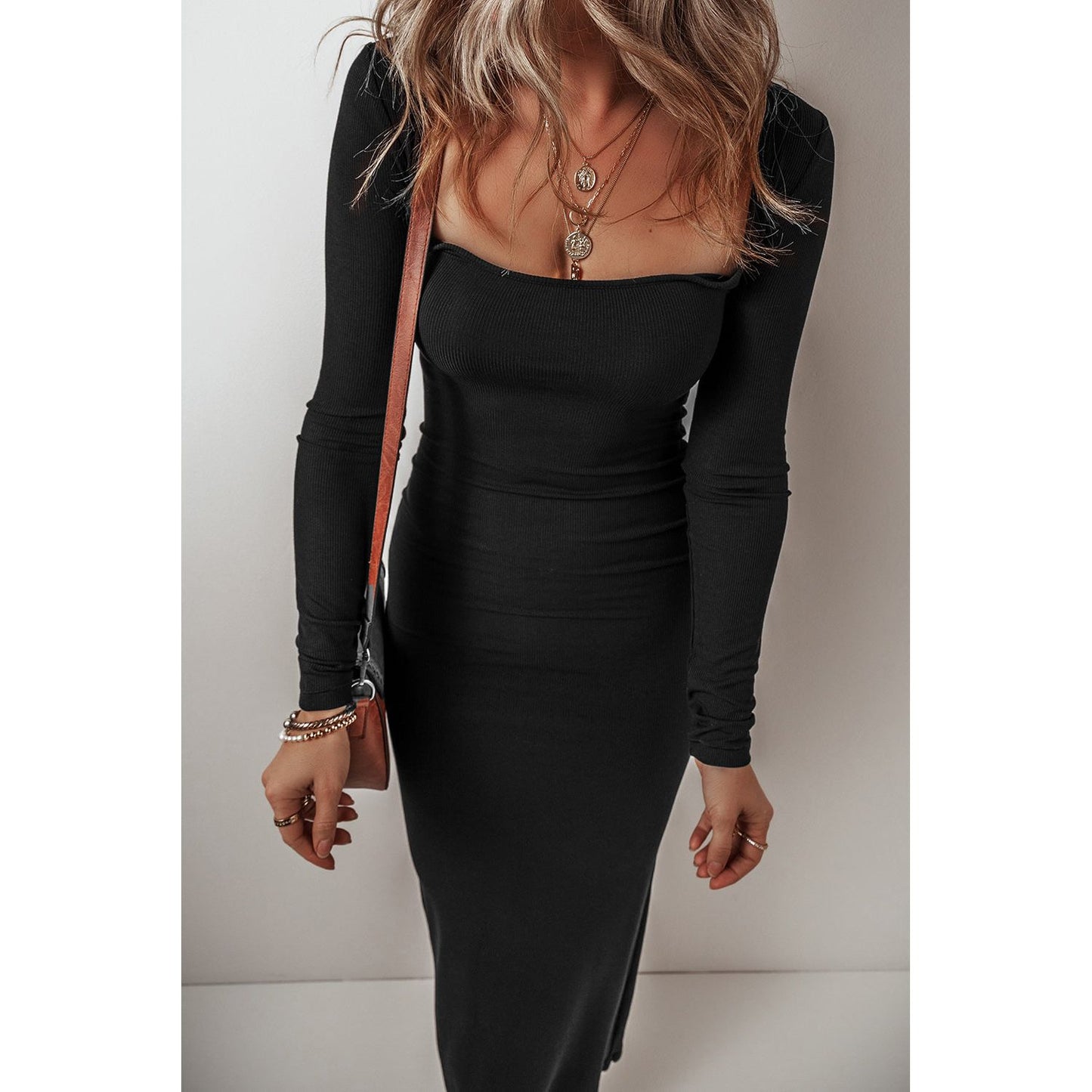 Square Neck Long Sleeve Maxi Dress