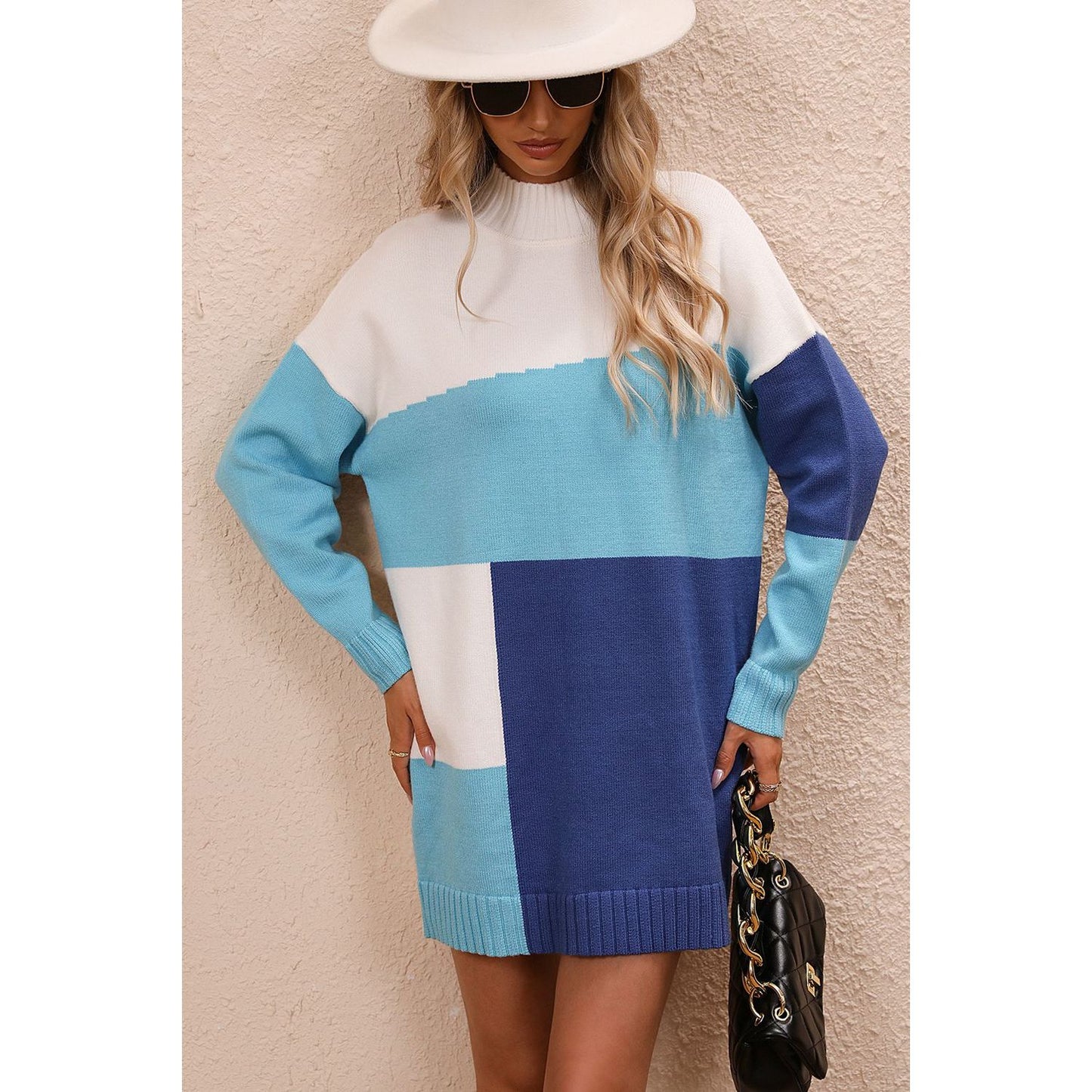 Color Block Mock Neck Dropped Shoulder Sweater Dress