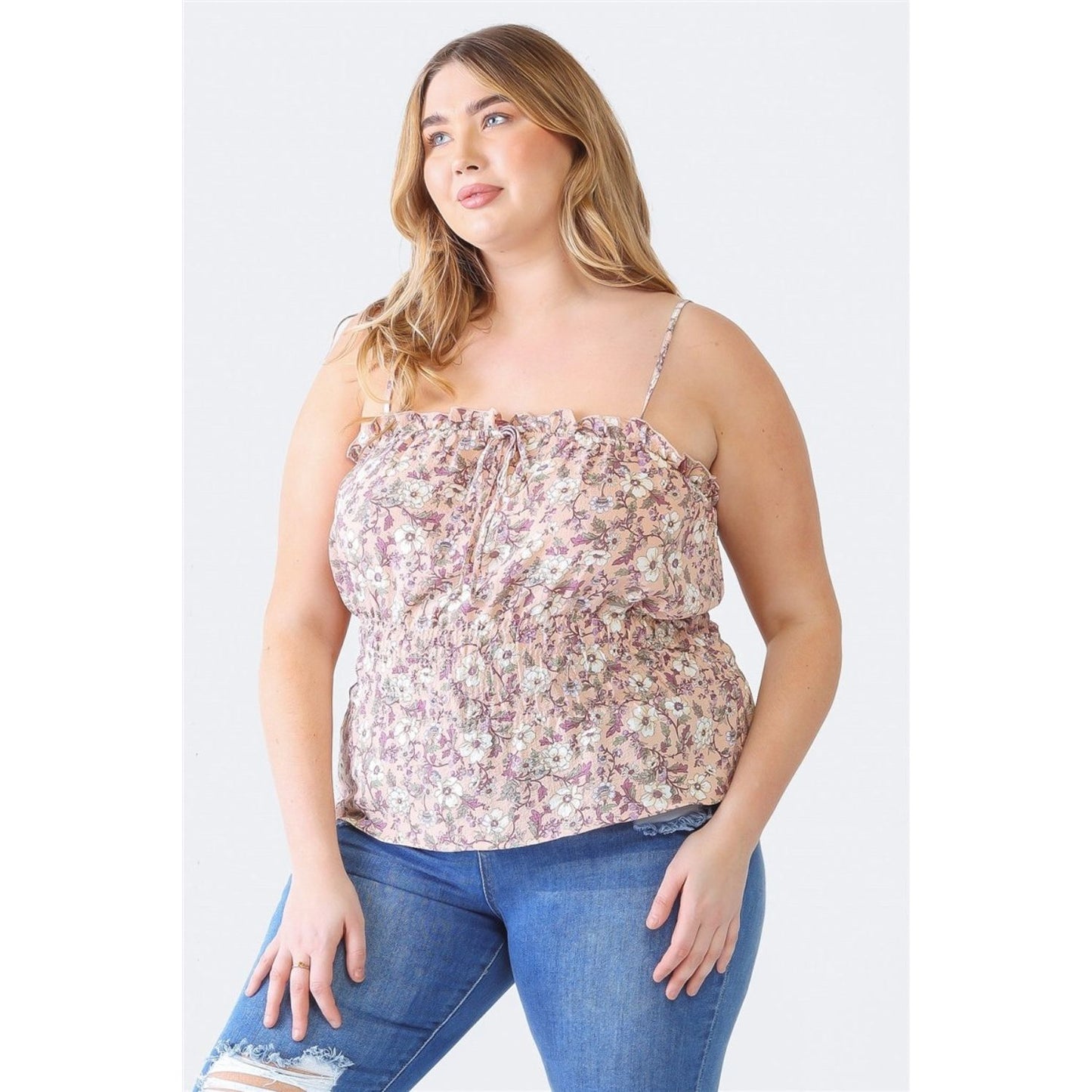 Zenobia Plus Size Frill Floral Square Neck Cami