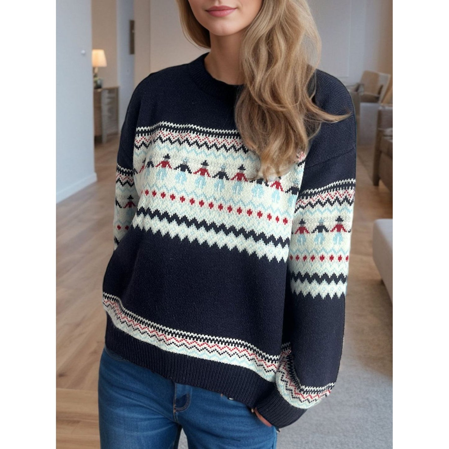 Contrast Round Neck Dropped Shoulder Sweater