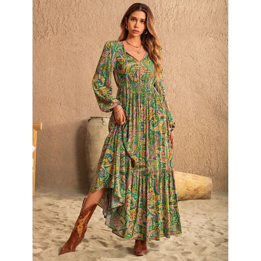 Printed Tie Neck Long Sleeve Dress