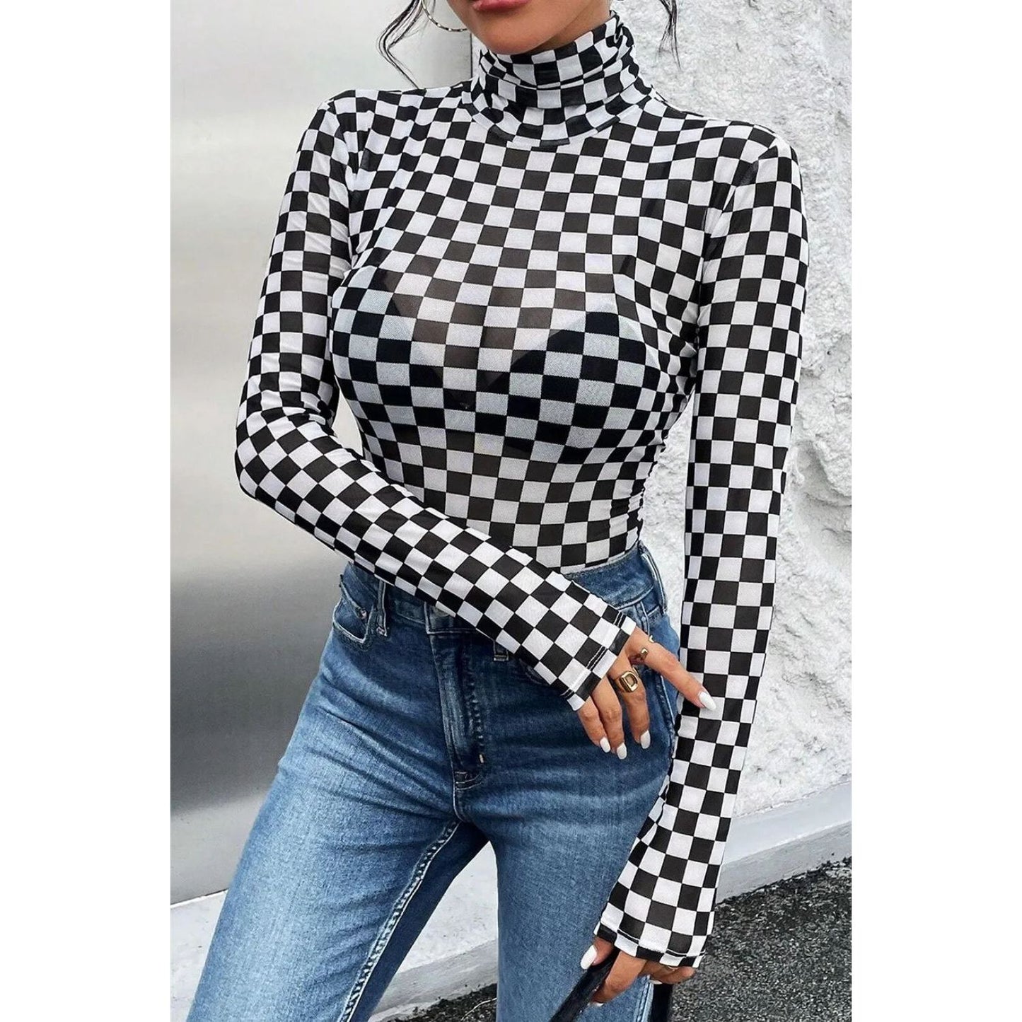 Checkered Turtleneck Long Sleeve Bodysuit